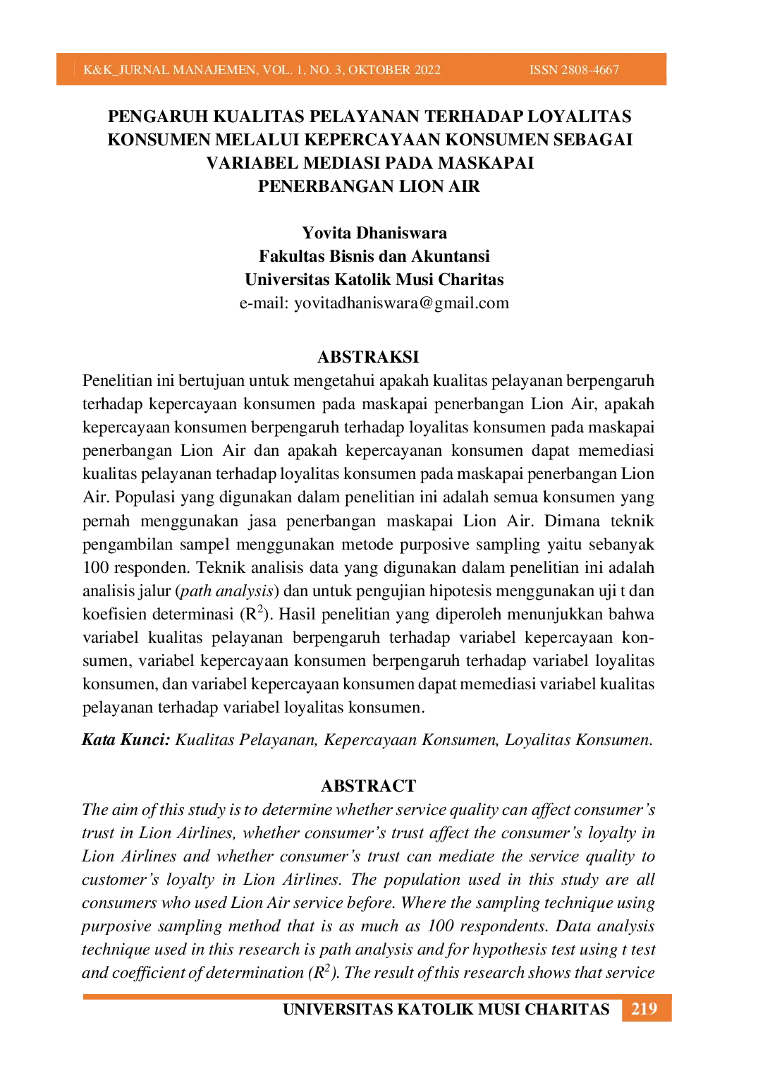 JURIS Pengaruh Kualitas Pelayanan Terhadap Loyalitas Konsumen Melalui Kepercayaan Konsumen Sebagai Variabel Mediasi Pada Maskapai Penerbangan Lion Air