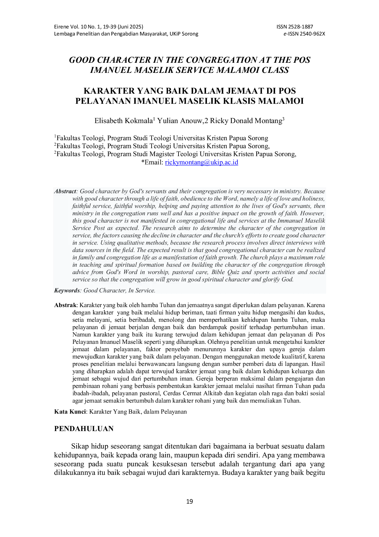 JURIS Karakter Yang Baik Dalam Jemaat Di Pos Pelayanan Immanuel Maselik Klasis Malamo