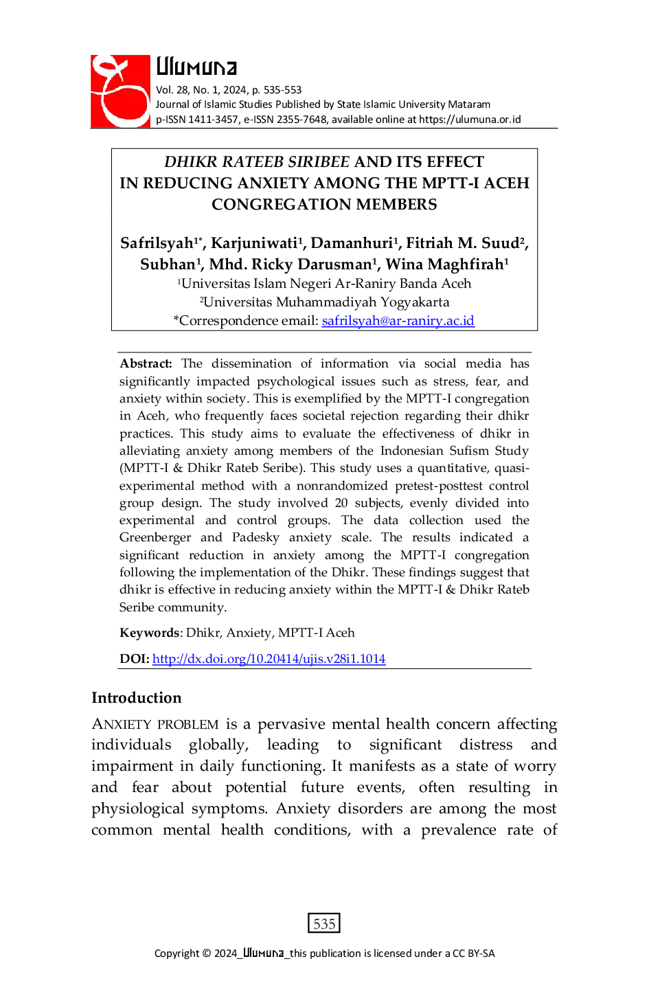 JURIS Dhikr Rateeb Siribee and its Effect in Reducing Anxiety Among the MPTT I Aceh Congregation Members