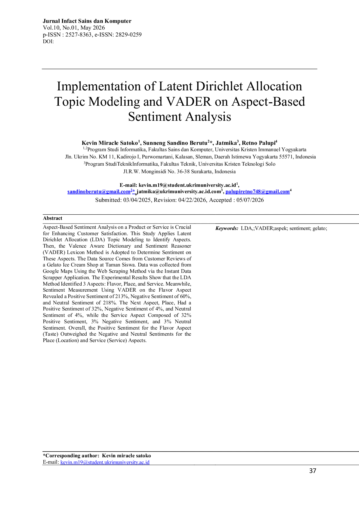 JURIS Implementation of Latent Dirichlet Allocation Topic Modeling and VADER on Aspect Based Sentiment Analysis