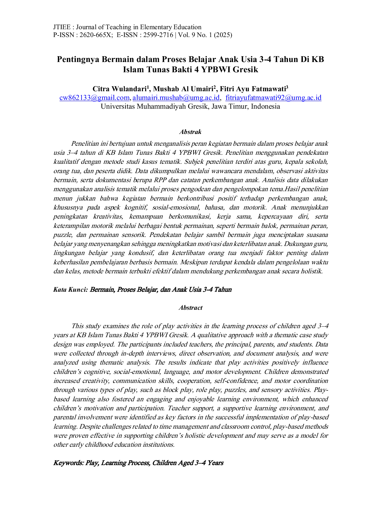 JURIS Pentingnya Bermain dalam Proses Belajar Anak Usia 3 4 Tahun Di KB Islam Tunas Bakti 4 YPBWI Gresik