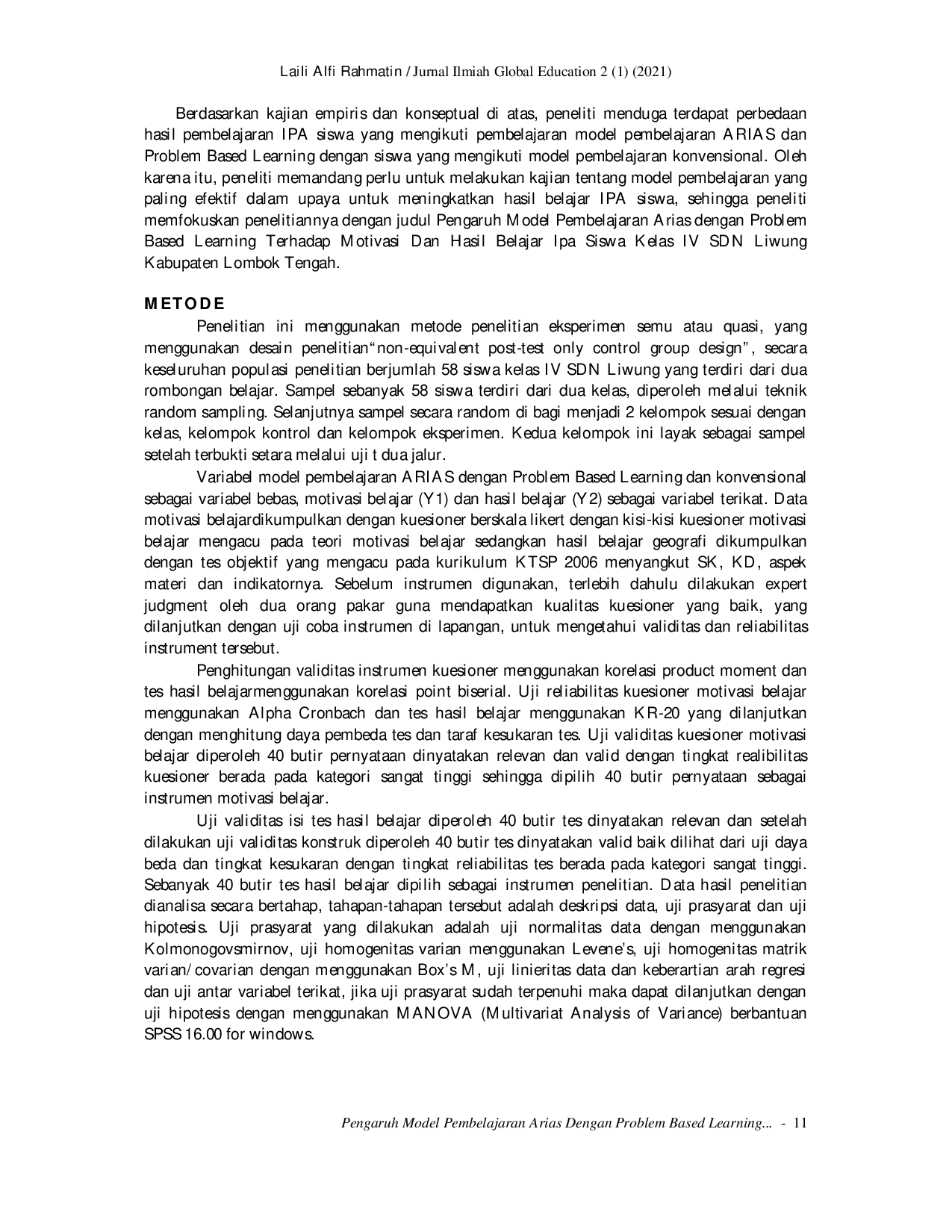 juris Pengaruh Model Pembelajaran Arias Dengan Problem Based Learning Terhadap Motivasi Dan Hasil Belajar Ipa Siswa Kelas IV Sdn Liwung Kabupaten Lombok Tengah