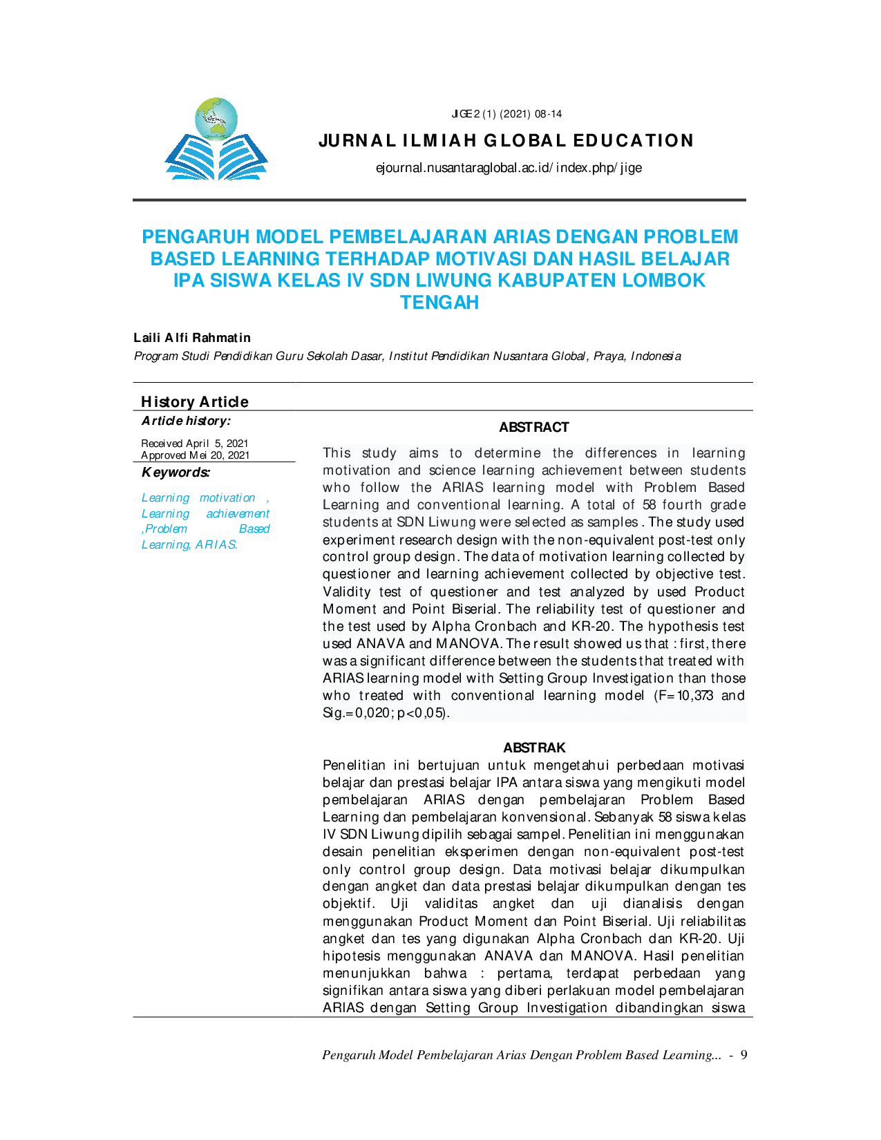juris Pengaruh Model Pembelajaran Arias Dengan Problem Based Learning Terhadap Motivasi Dan Hasil Belajar Ipa Siswa Kelas IV Sdn Liwung Kabupaten Lombok Tengah