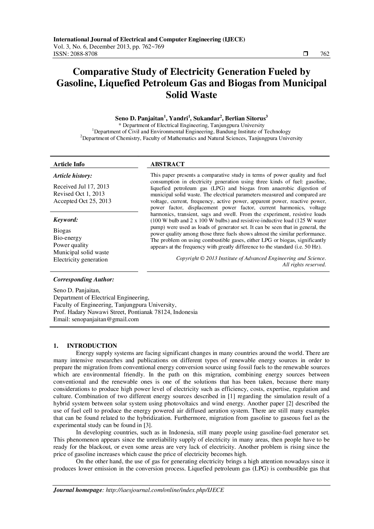 juris Comparative Study of Electricity Generation Fueled by Gasoline Liquefied Petroleum Gas and Biogas from Municipal Solid Waste