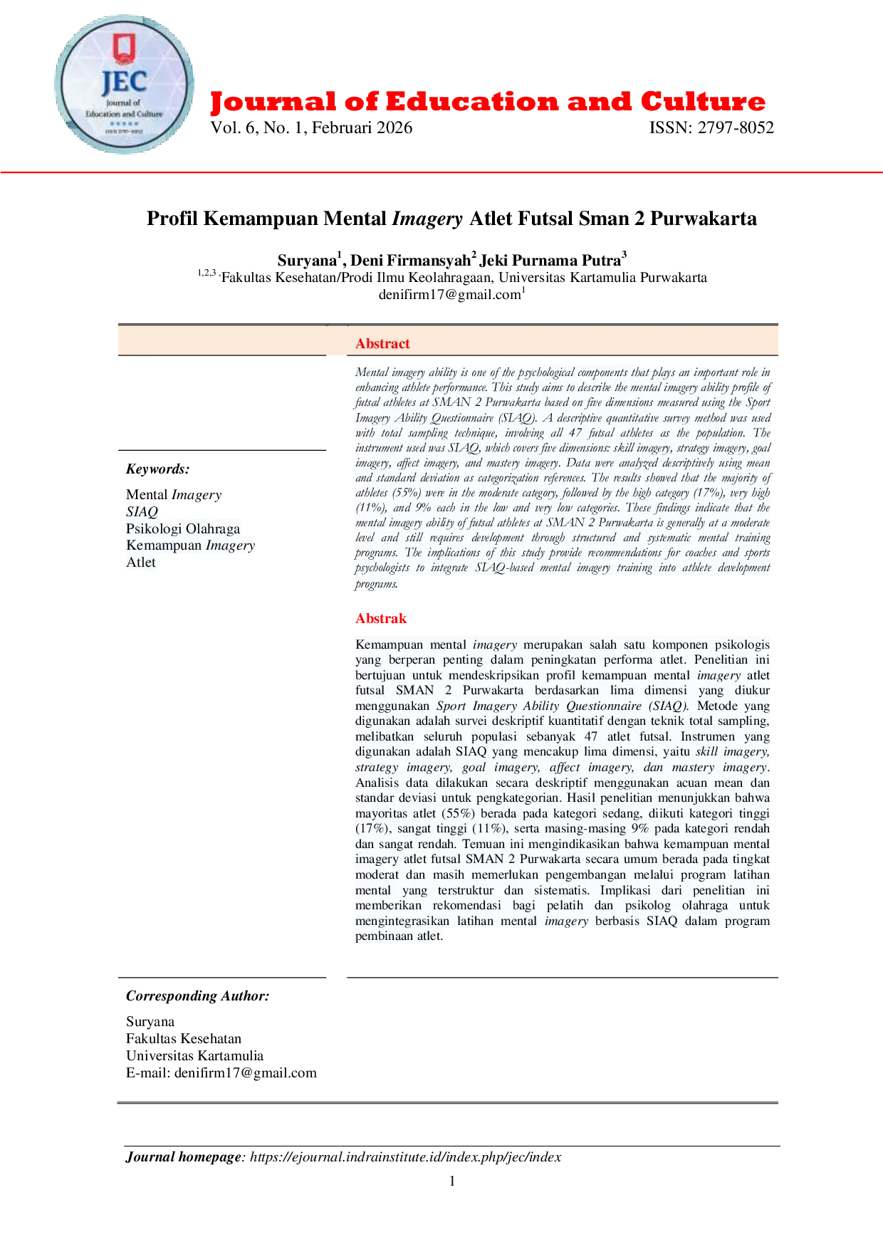 JURIS Profil Kemampuan Mental Imagery Atlet Futsal Sman 2 Purwakarta