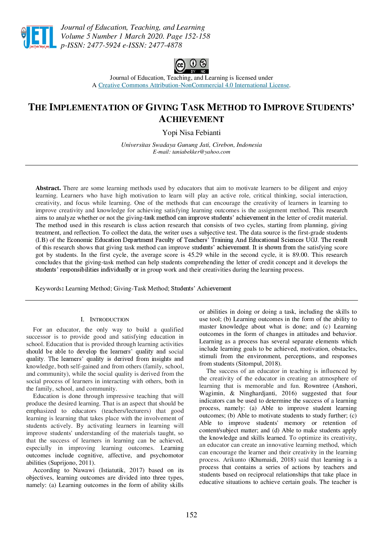 juris The Implementation of Giving Task Method to Improve Students Achievement