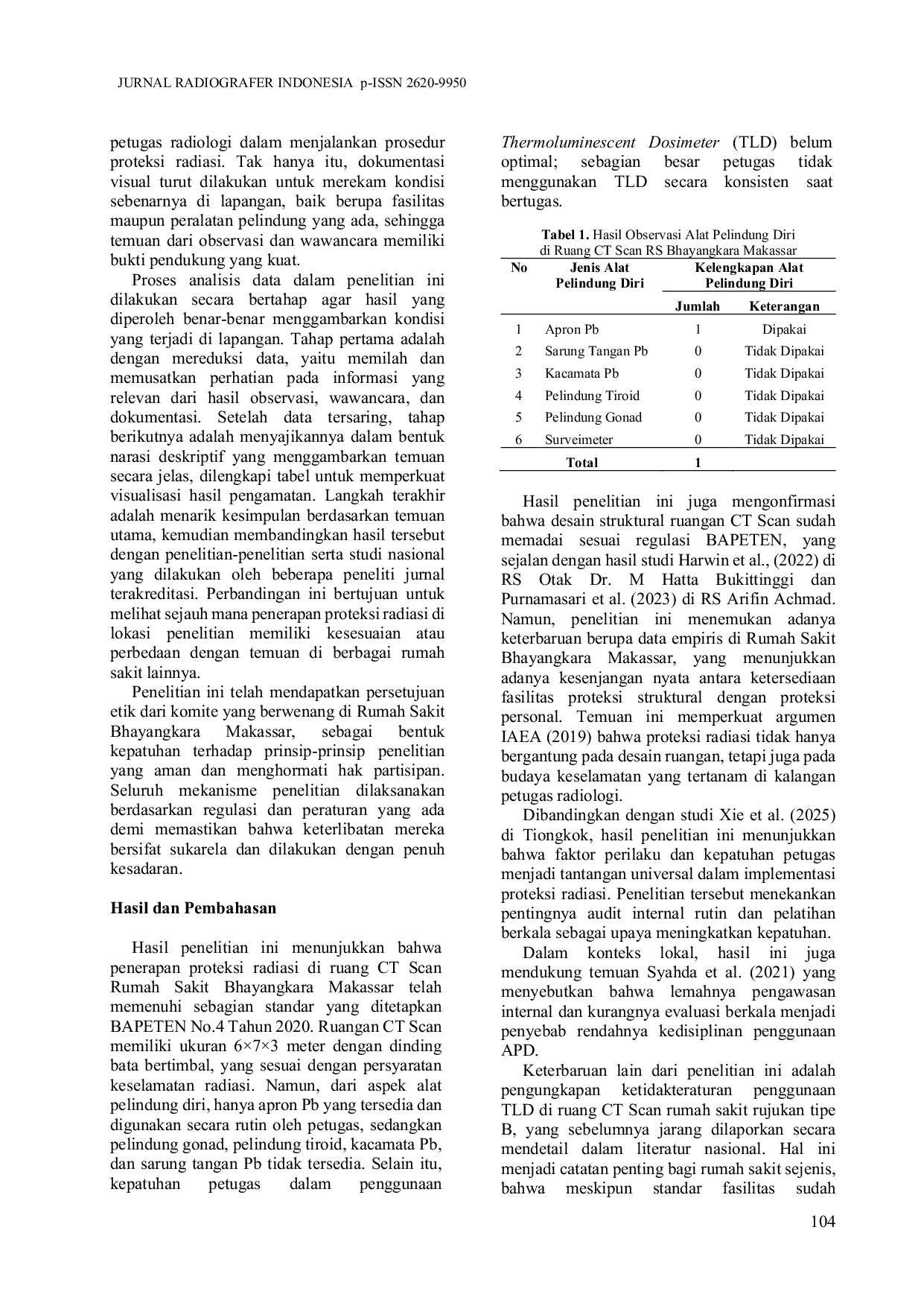 JURIS Analisis Efektivitas Penerapan Proteksi Radiasi pada Ruangan CT Scan di Rumah Sakit Bhayangkara Makassar