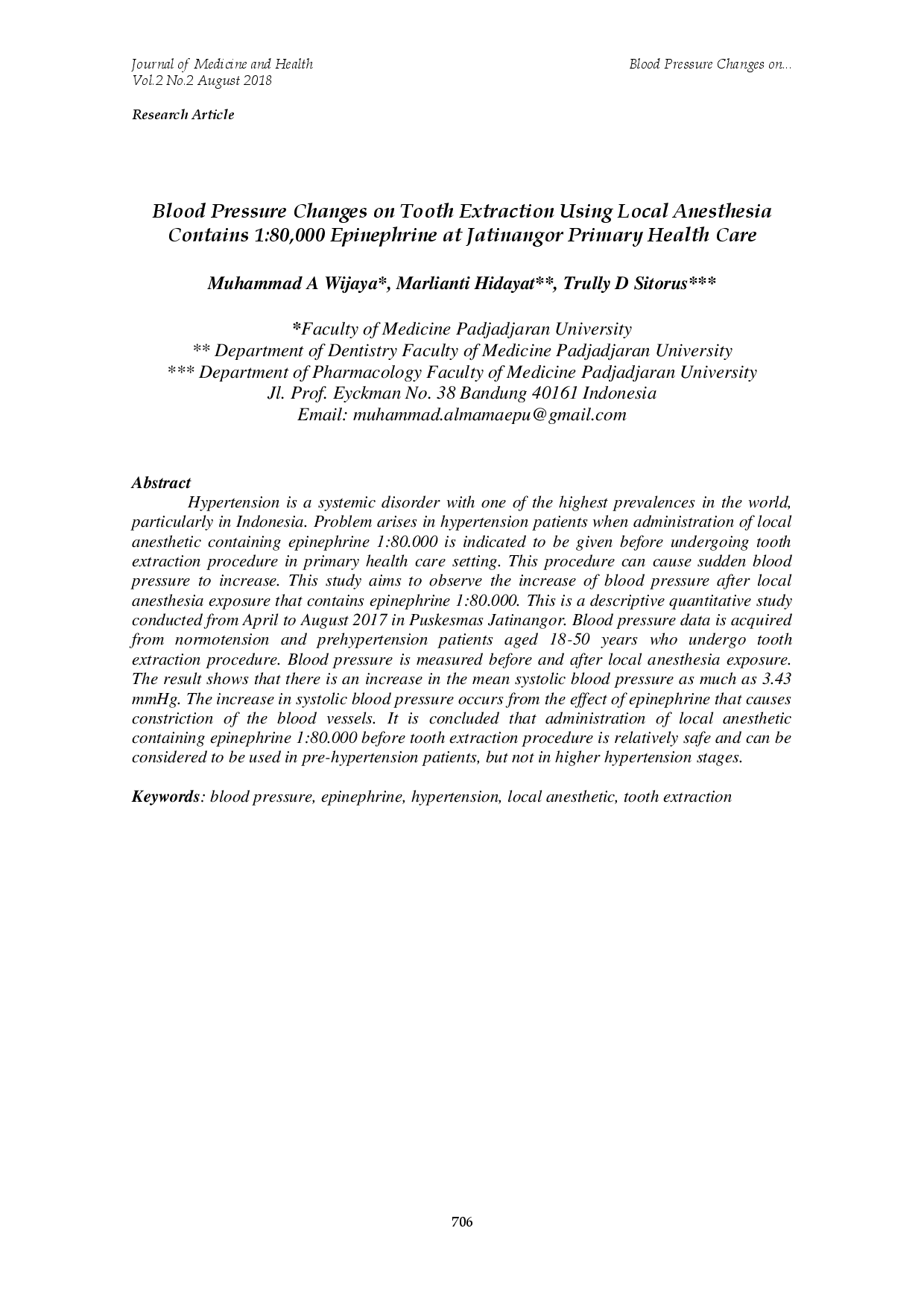 juris Blood Pressure Changes on Tooth Extraction Using Local Anesthesia Contains 1 80 000 Epinephrine at Jatinangor Primary Health Care
