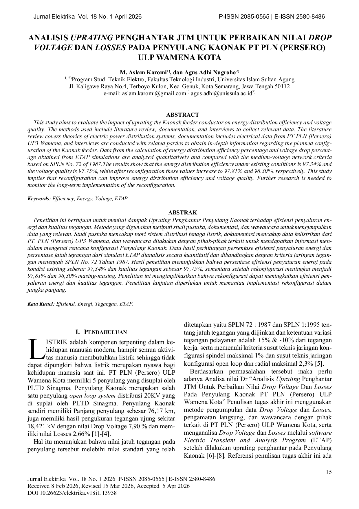 JURIS Analisis Uprating Penghantar JTM untuk Perbaikan Nilai Drop Voltage dan Losses pada Penyulang Kaonak PT PLN Persero ULP Wamena Kota