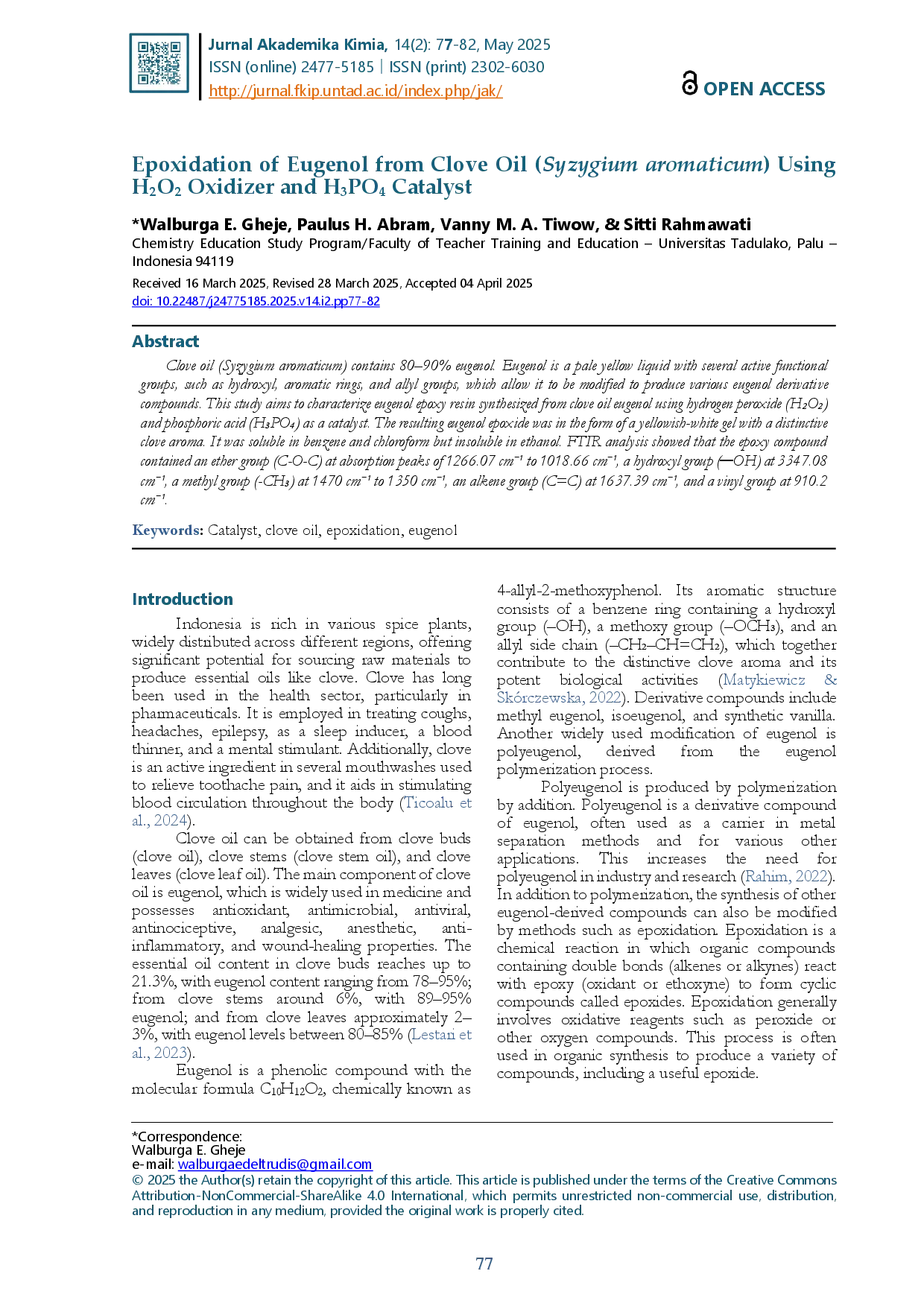 juris Epoxidation of Eugenol from Clove Oil Syzygium aromaticum Using HCCOCC Oxidizer and HCEPOCE Catalyst