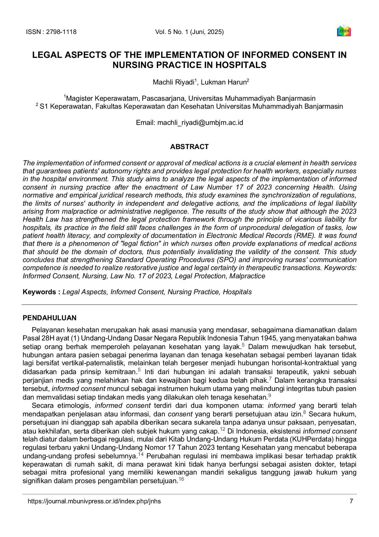 JURIS Legal Aspects of the Implementation of Informed Consent in Nursing Practice in Hospitals