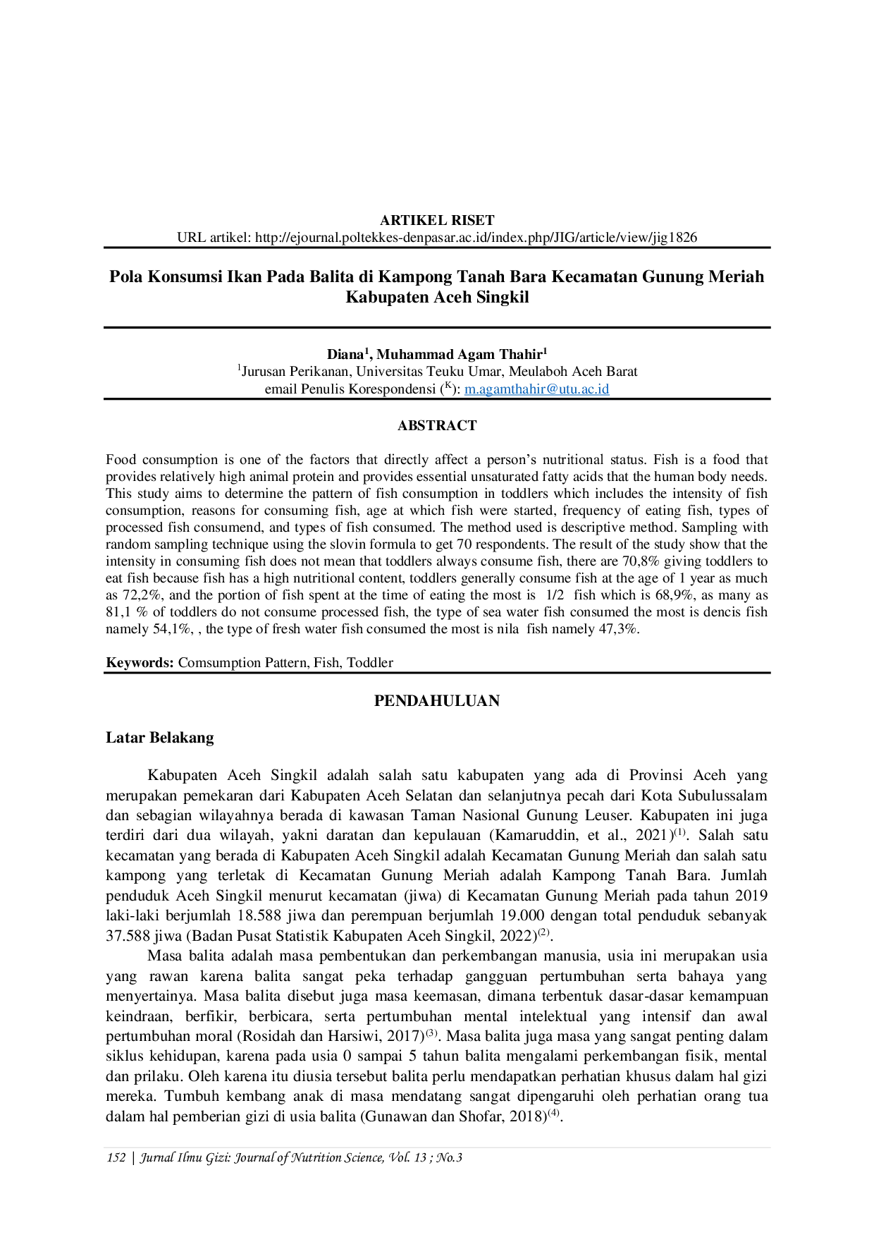 JURIS Pola Konsumsi Ikan Pada Balita di Kampong Tanah Bara Kecamatan Gunung Meriah Kabupaten Aceh Singkil