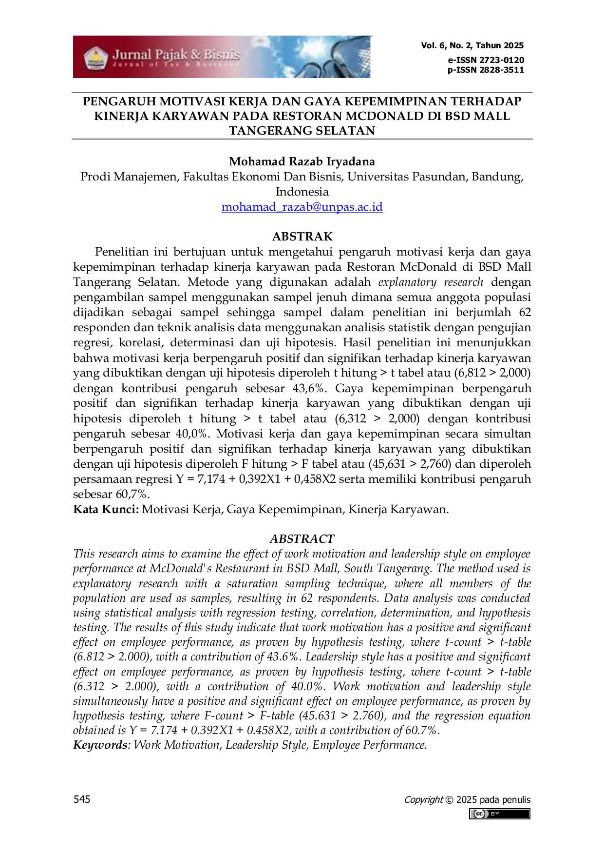 JURIS Pengaruh Motivasi Kerja Dan Gaya Kepemimpinan Terhadap Kinerja Karyawan Pada Restoran Mcdonald Di BSD Mall Tangerang Selatan