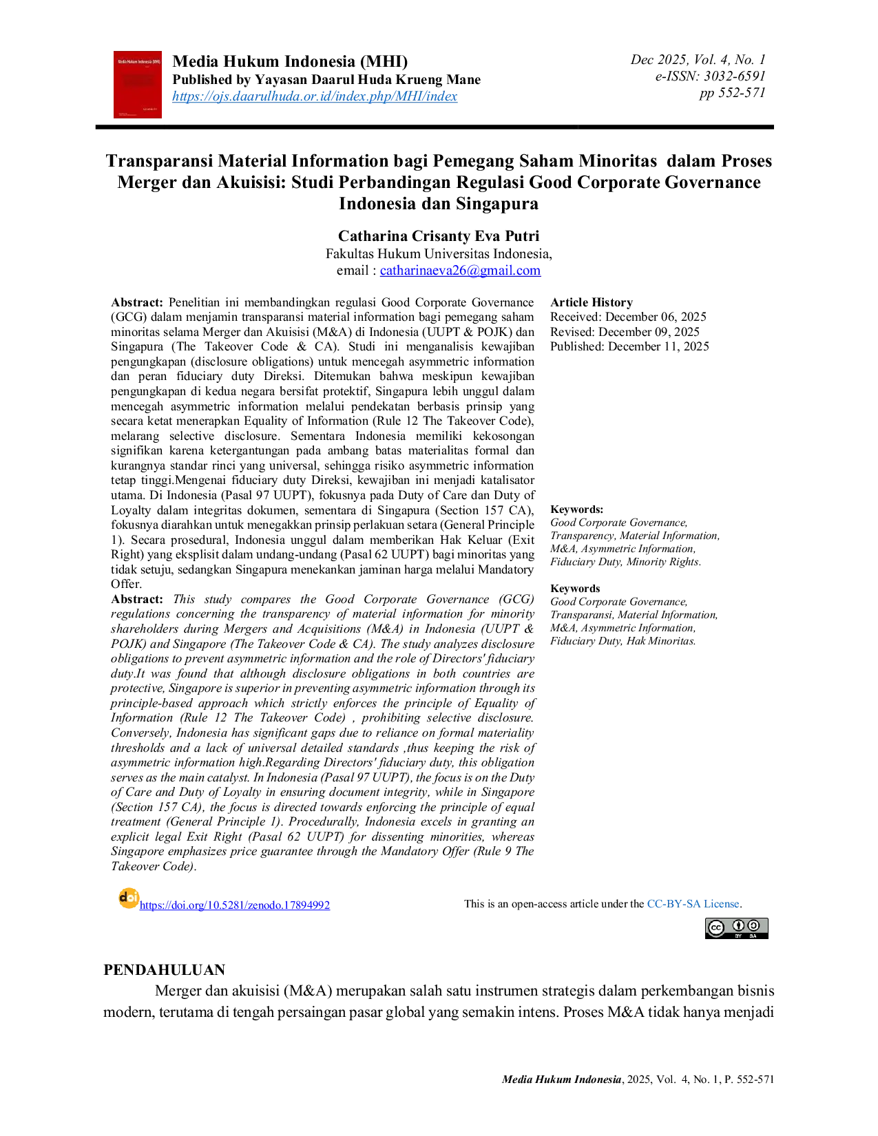 JURIS Transparansi Material Information bagi Pemegang Saham Minoritas dalam Proses Merger dan Akuisisi Studi Perbandingan Regulasi Good Corporate Governance Indonesia dan Singapura