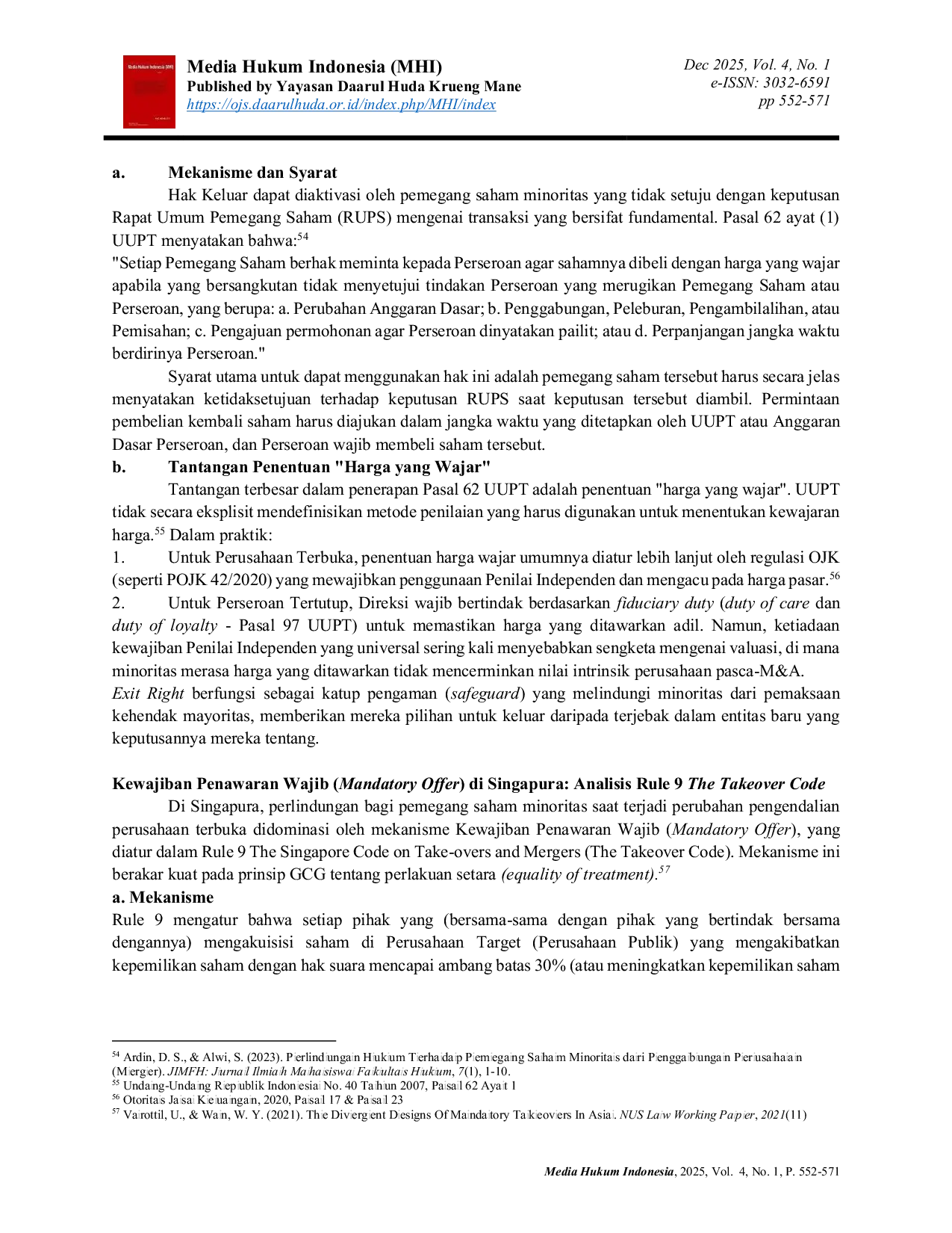 JURIS Transparansi Material Information bagi Pemegang Saham Minoritas dalam Proses Merger dan Akuisisi Studi Perbandingan Regulasi Good Corporate Governance Indonesia dan Singapura