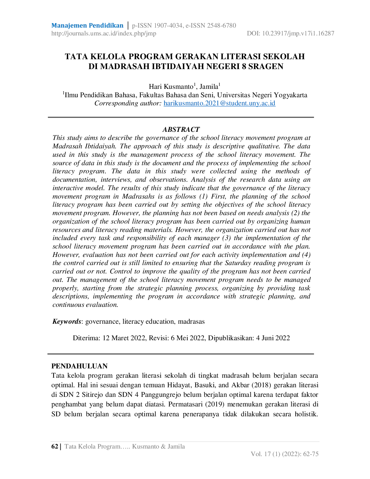 JURIS Tata Kelola Program Gerakan Literasi Sekolah di Madrasah Ibtidaiyah Negeri 8 Sragen