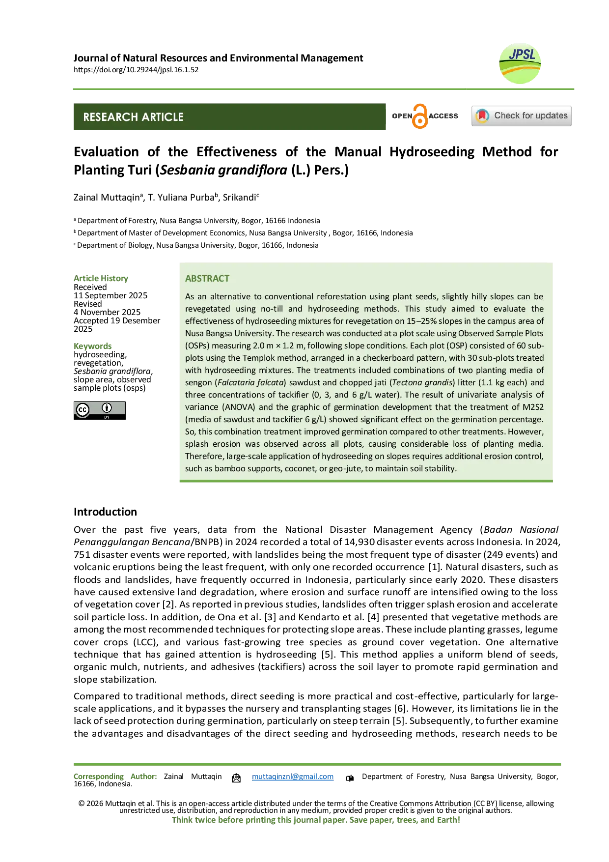 JURIS Evaluasi Efektivitas Metode Hidroseeding Manual untuk Penanaman Turi Sesbania grandiflora L Pers