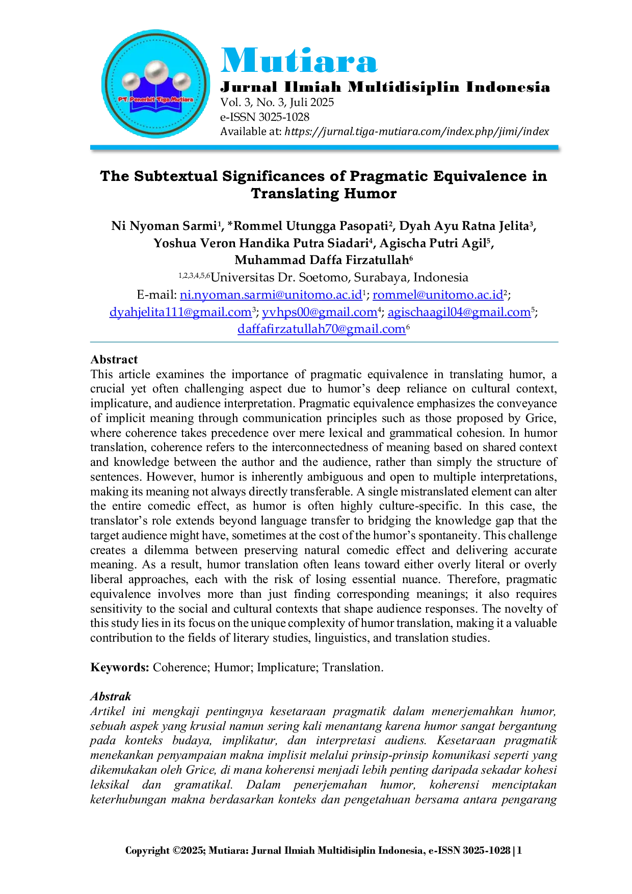 JURIS The Subtextual Significances of Pragmatic Equivalence in Translating Humor
