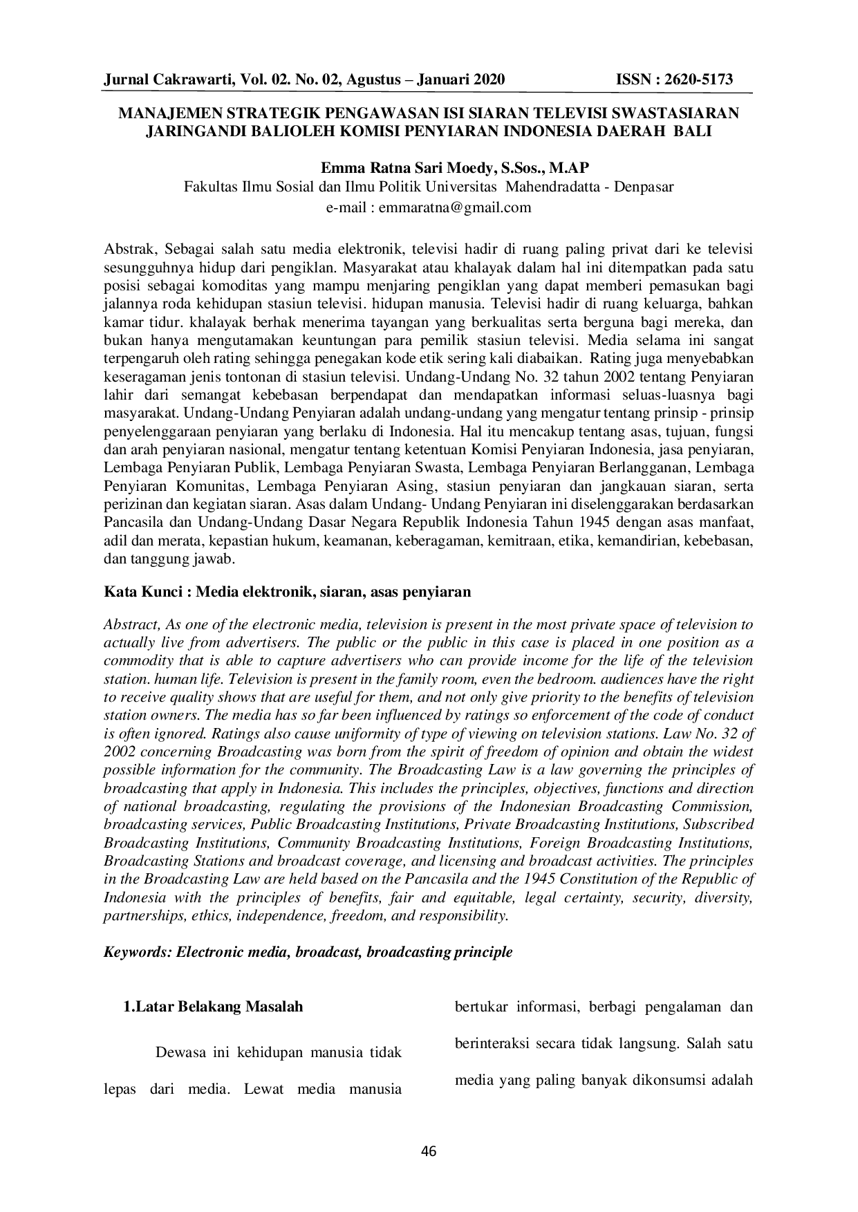 JURIS Manajemen Strategik Pengawasan Isi Siaran Televisi Swasta Siaran Jaringan Di Bali