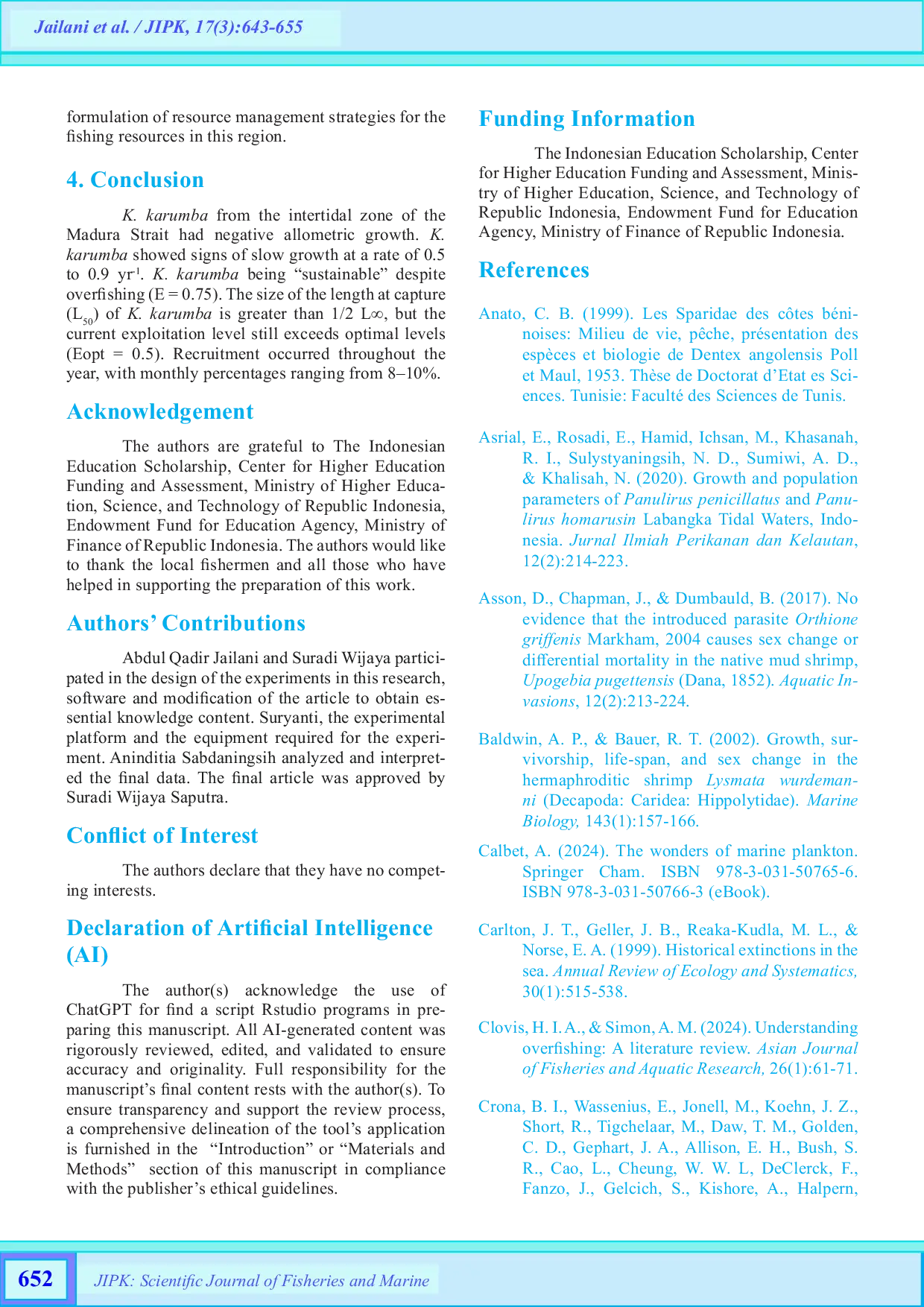 JURIS Assessing the Population Parameters of Karumballichirus karumba Poore and Griffin 1979 from Intertidal Zone of Madura Strait