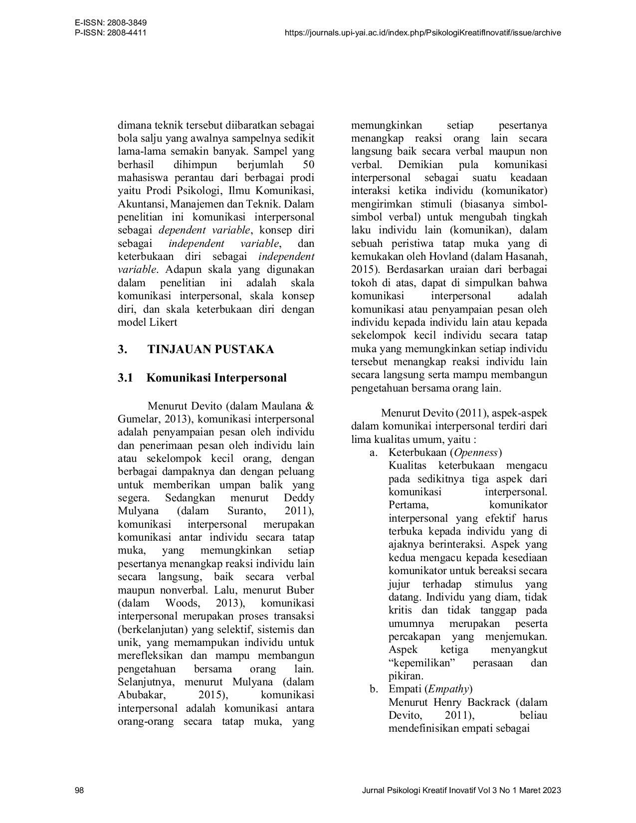 JURIS Hubungan Konsep Diri Dan Keterbukaan Diri Dengan Komunikasi Interpersonal Pada Mahasiswa Perantau Di Universitas Persada Indonesia Y A I