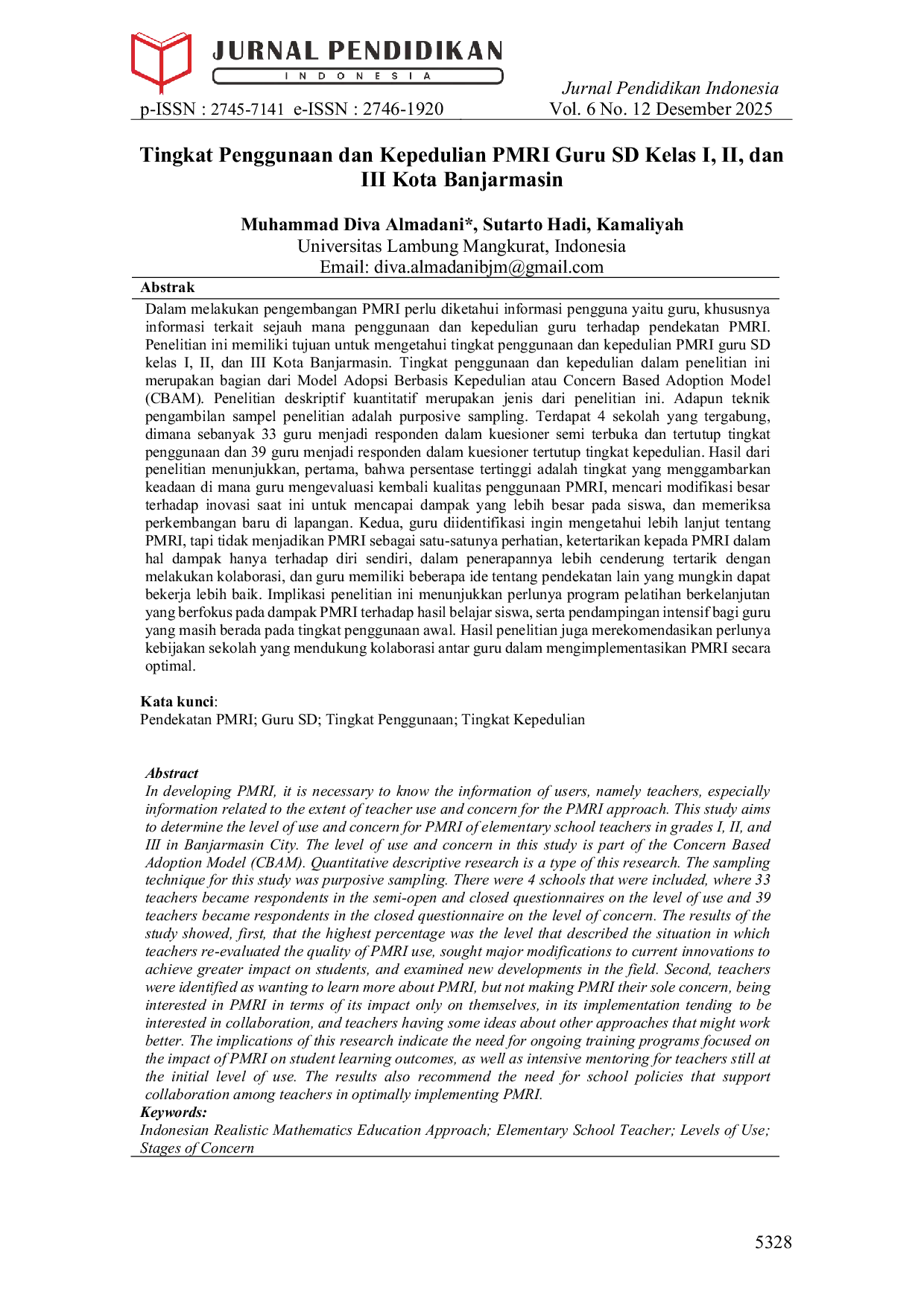 JURIS Tingkat Penggunaan dan Kepedulian PMRI Guru SD Kelas I II dan III Kota Banjarmasin