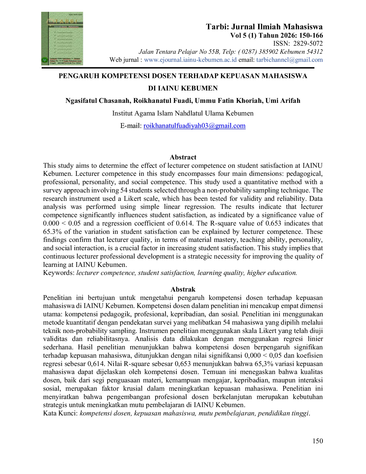 JURIS Pengaruh Kompetensi Dosen Terhadap Kepuasan Mahasiswa Di IAINU Kebumen