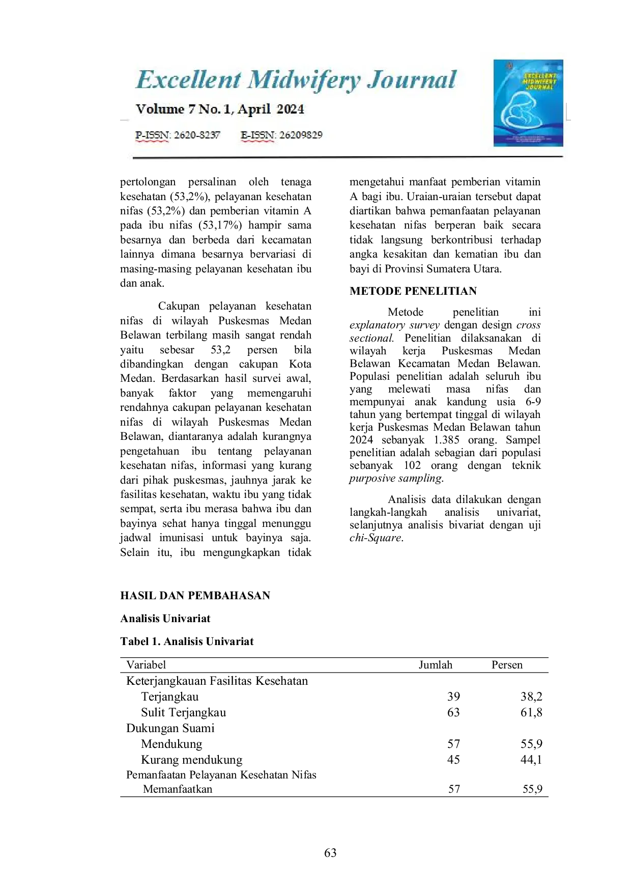 JURIS Hubungan Keterjangkauan Fasilitas Kesehatan Dan Dukungan Suami Dengan Pemanfaatan Pelayanan Kesehatan Nifas Di Wilayah Kerja Puskesmas Medan Belawan Kecamatan Medan Belawan