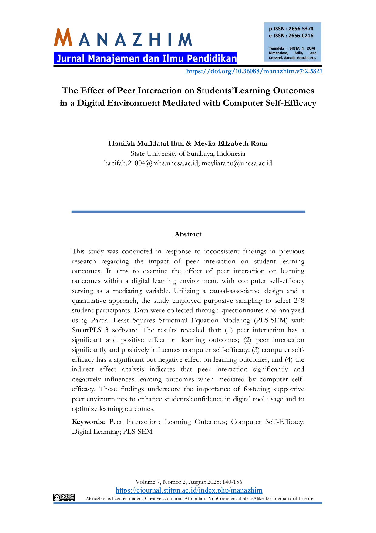 JURIS The Effect of Peer Interaction on Students Learning Outcomes in a Digital Environment Mediated with Computer Self Efficacy