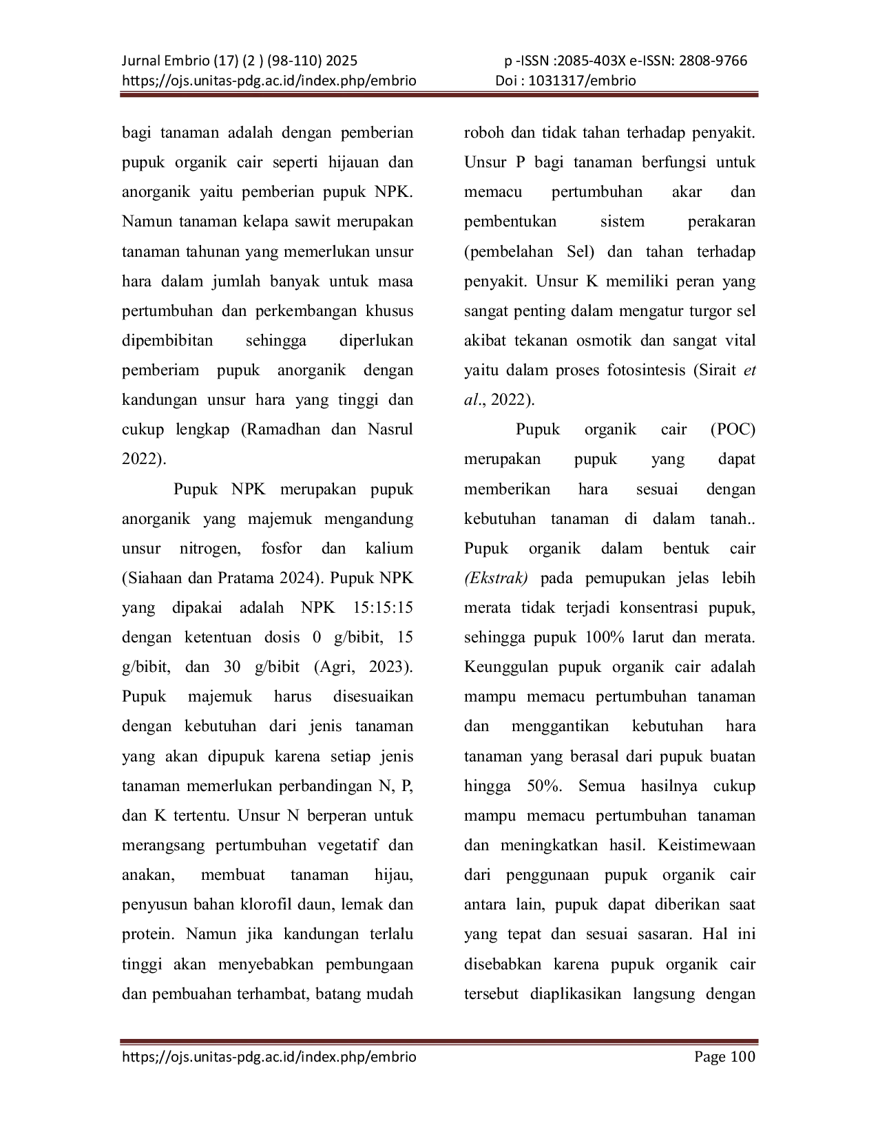 JURIS PENGARUH NPK DAN POC ASAL Crotalaria Juncea TERHADAP PERTUMBUHAN BIBIT KELAPA SAWIT Elaeis guineensis Jacq FASE MAIN NURSERY