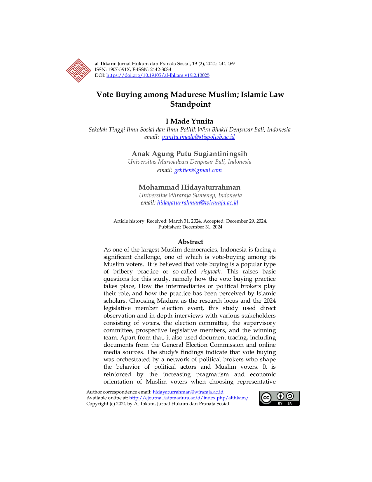 JURIS The Vote Buying among Madurese Muslim Islamic Law Standpoint