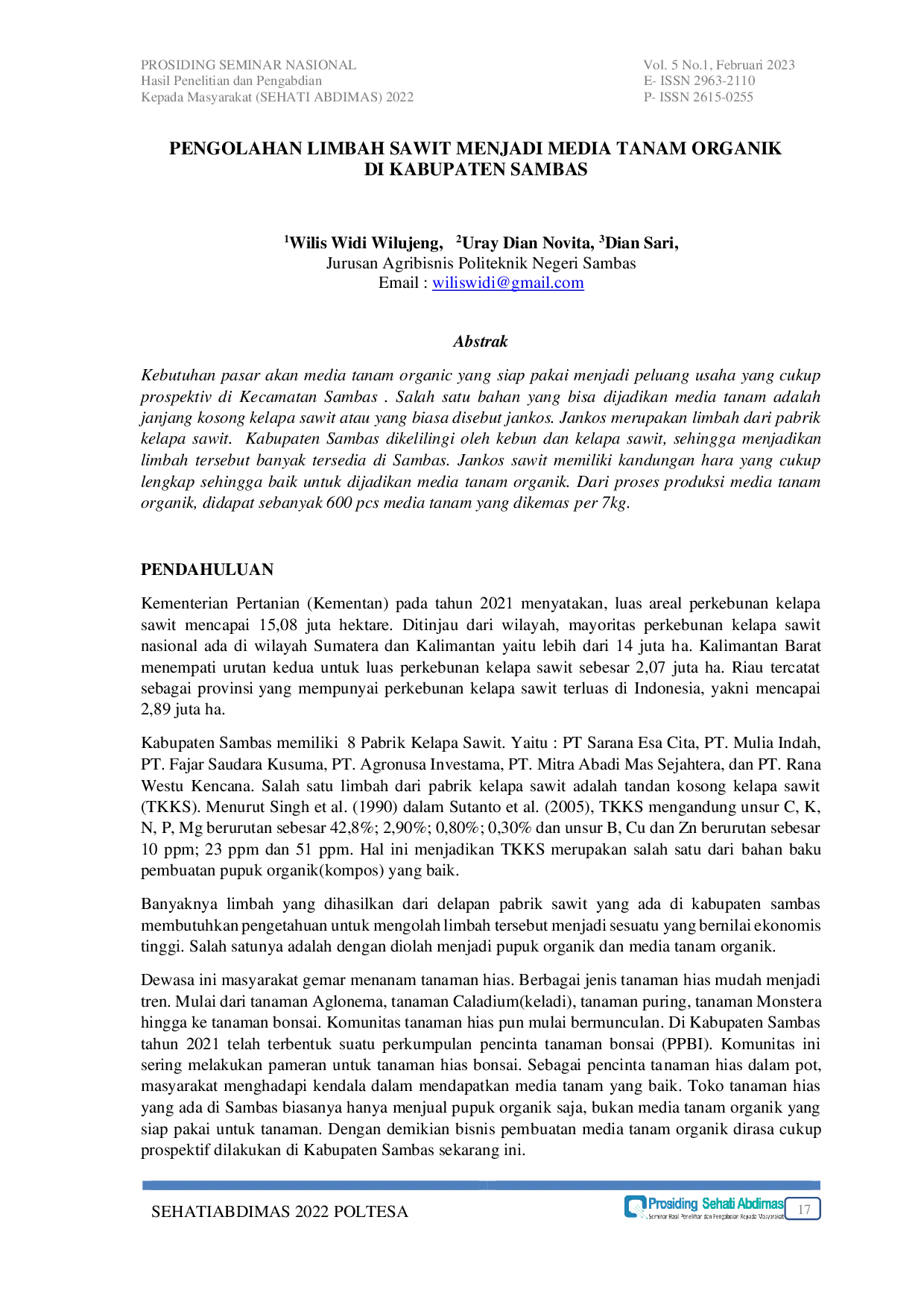 JURIS Pengolahan Limbah Sawit Menjadi Media Tanam Organik Di Kabupaten Sambas