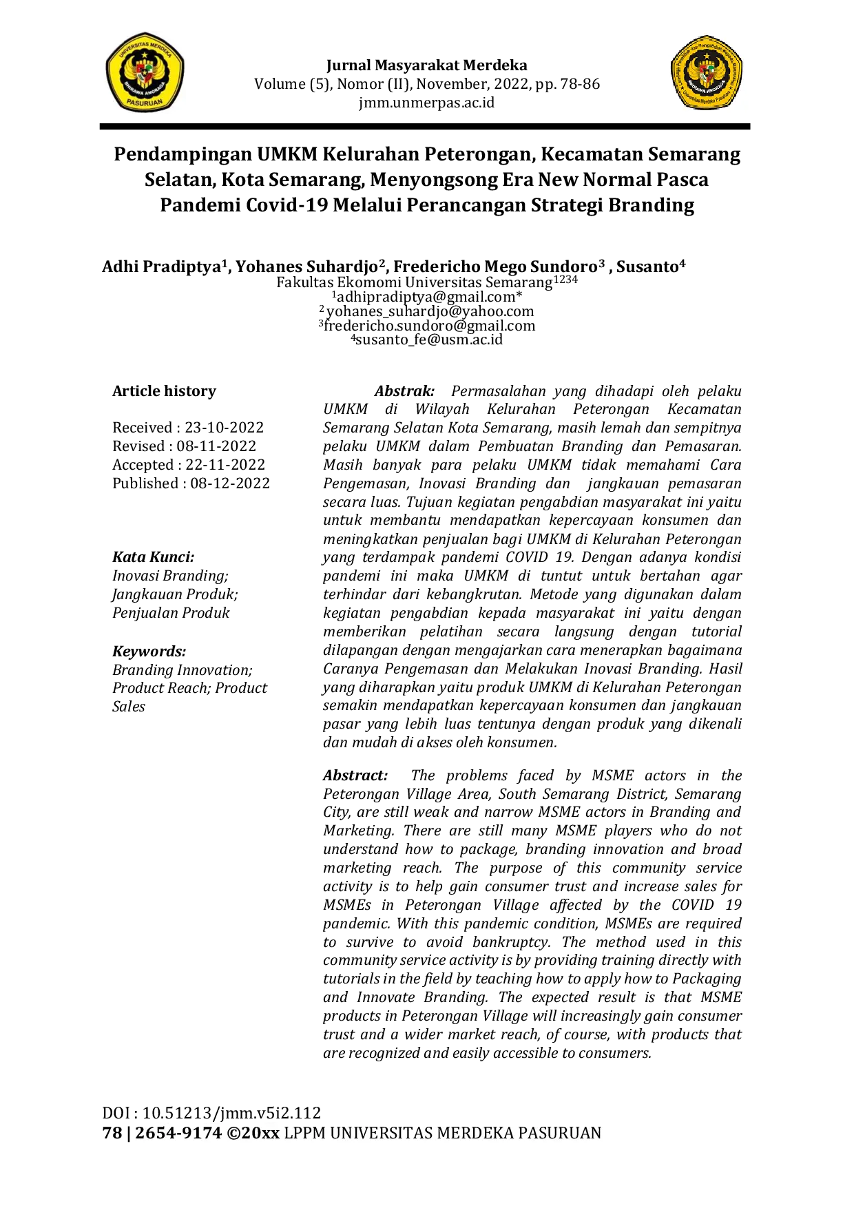 JURIS Pendampingan UMKM Kelurahan Peterongan Kecamatan Semarang Selatan Kota Semarang Menyongsong Era New Normal Pasca Pandemi Covid 19 Melalui Perancangan Strategi Branding