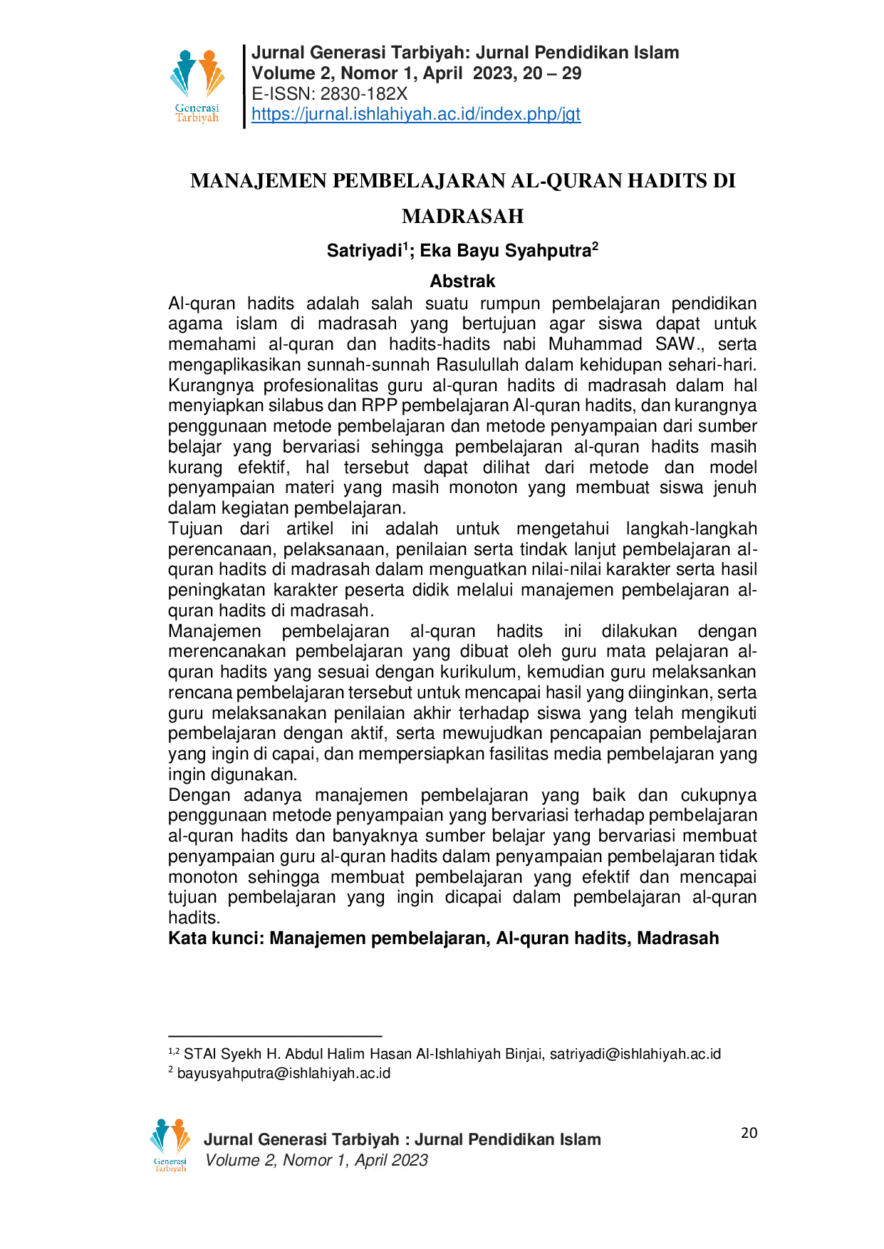 JURIS Manajemen Pembelajaran Al Quran Hadits Di Madrasah