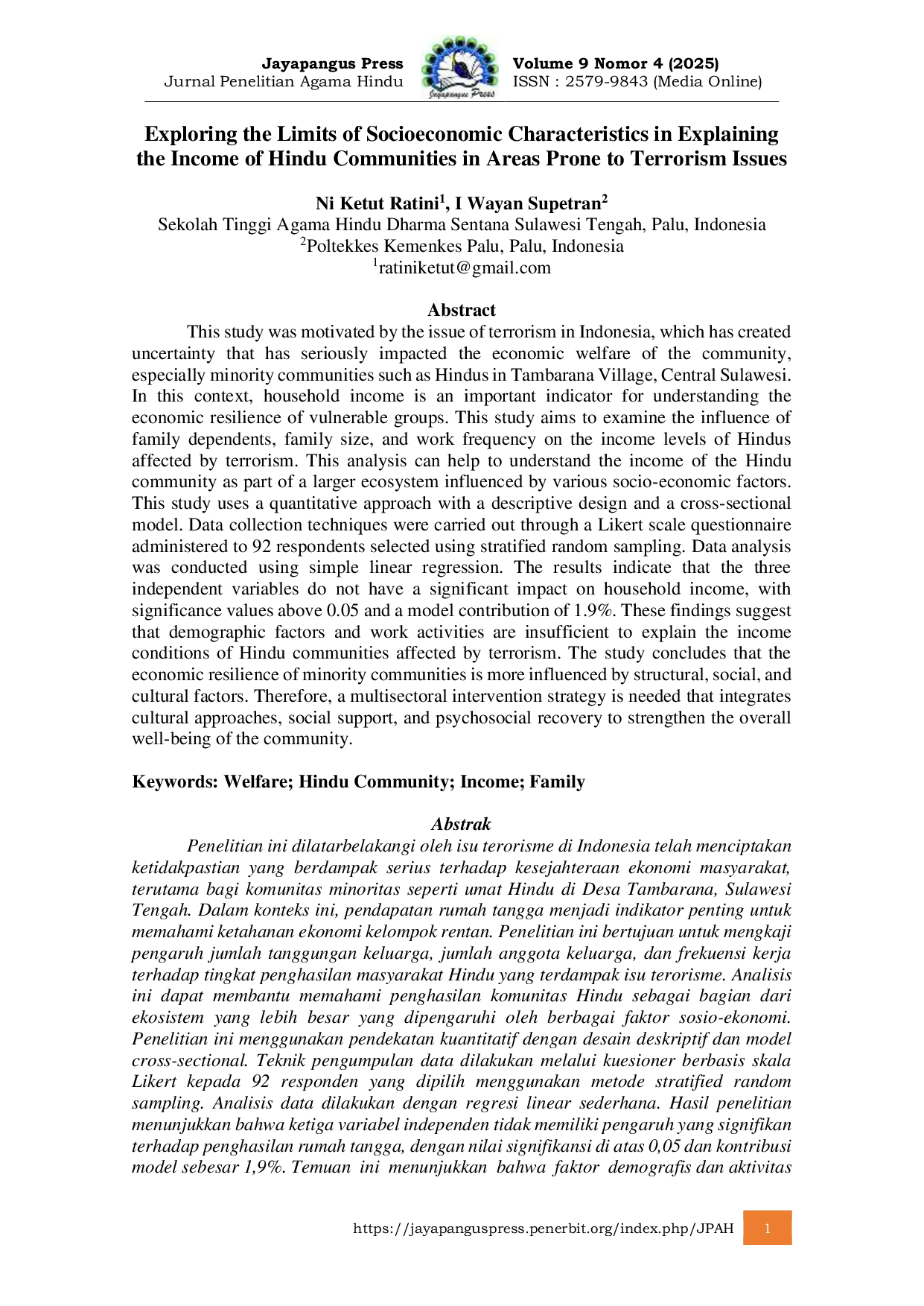 JURIS Exploring the Limits of Socioeconomic Characteristics in Explaining the Income of Hindu Communities in Areas Prone to Terrorism Issues