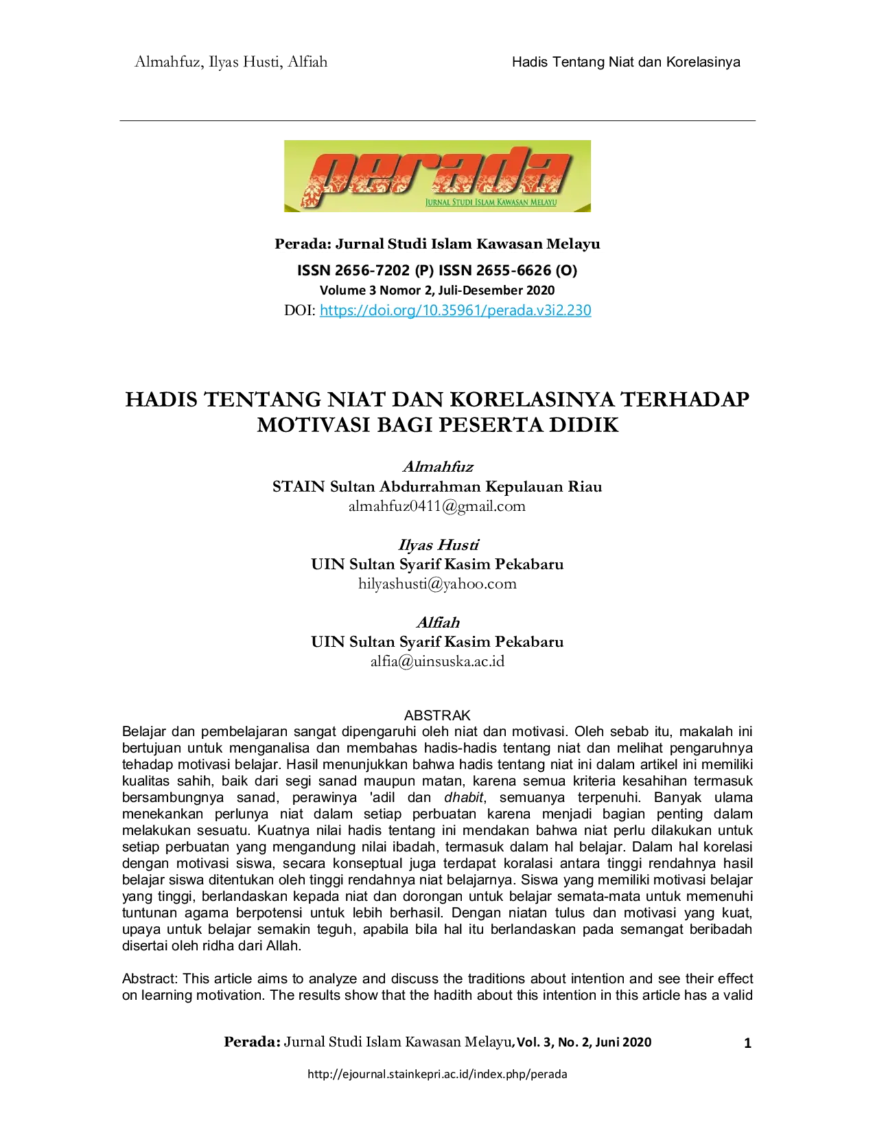 juris Hadis Tentang Niat dan Korelasinya Terhadap Motivasi Bagi Peserta Didik