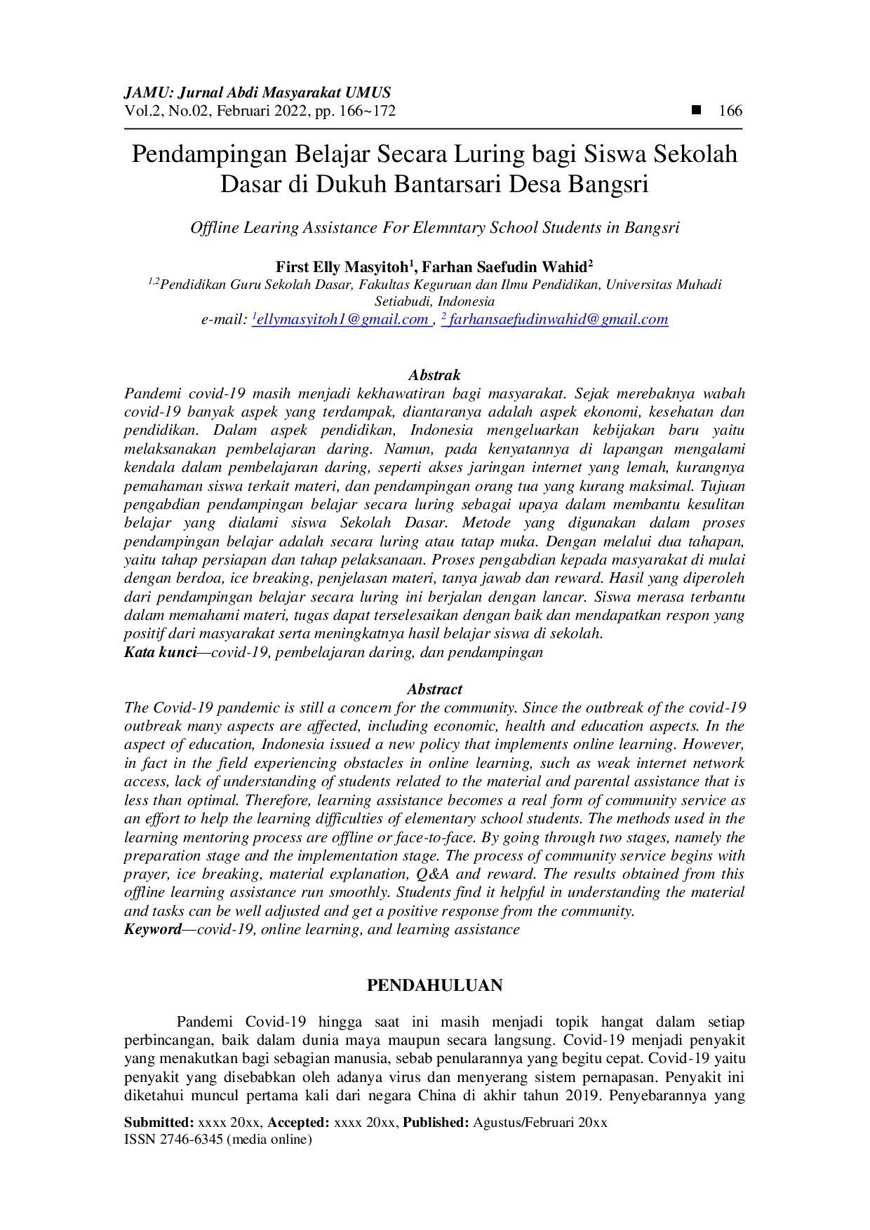 juris Pendampingan Belajar Secara Luring bagi Siswa Sekolah Dasar di Dukuh Bantarsari Desa Bangsri