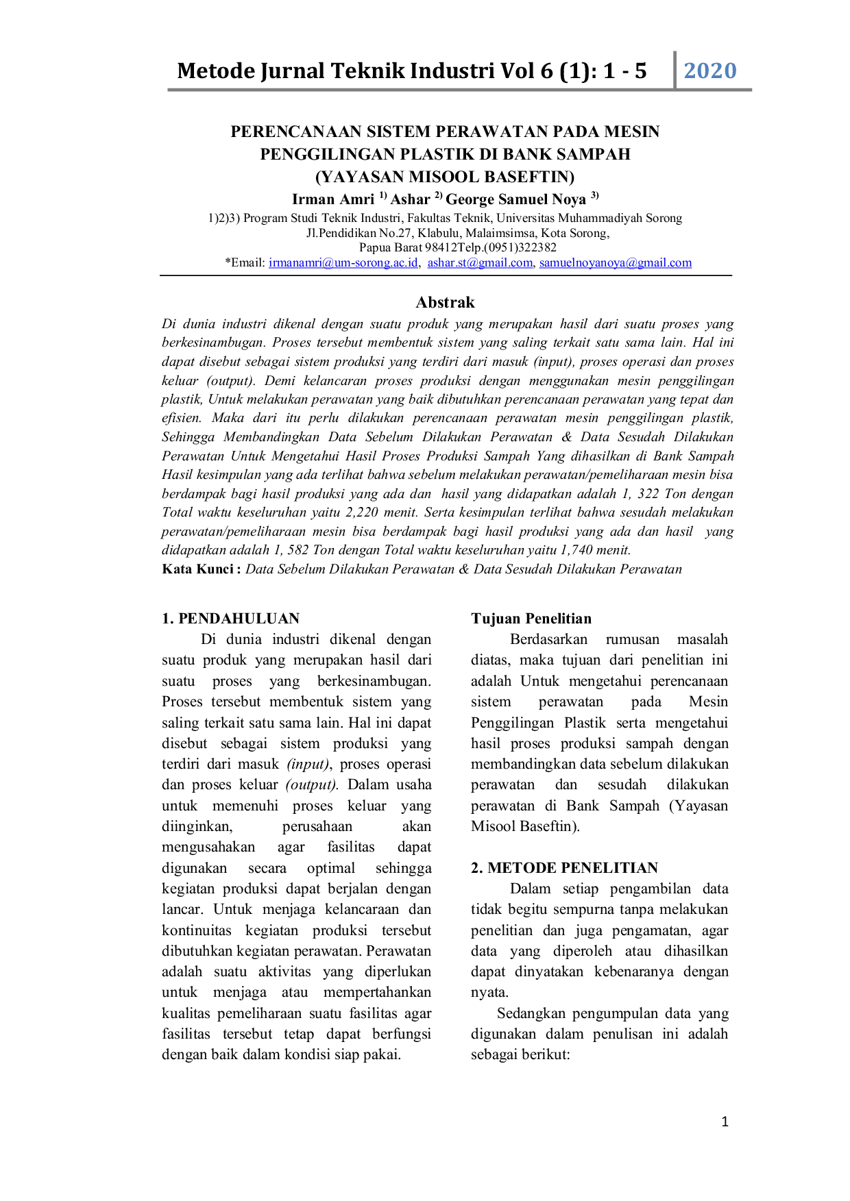 JURIS Perencanaan Sistem Perawatan Pada Mesin Penggilingan Plastik Di Bank Sampah Yayasan Misool Baseftin