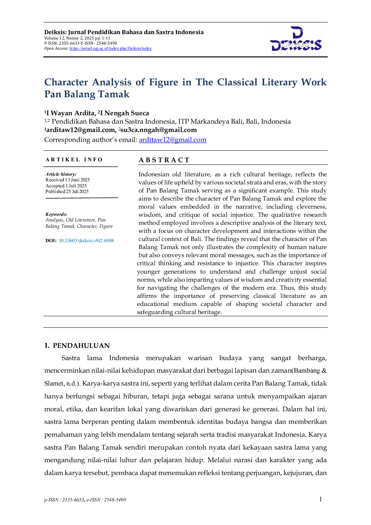 JURIS Character Analysis of Figure in The Classical Literary Work Pan Balang Tamak