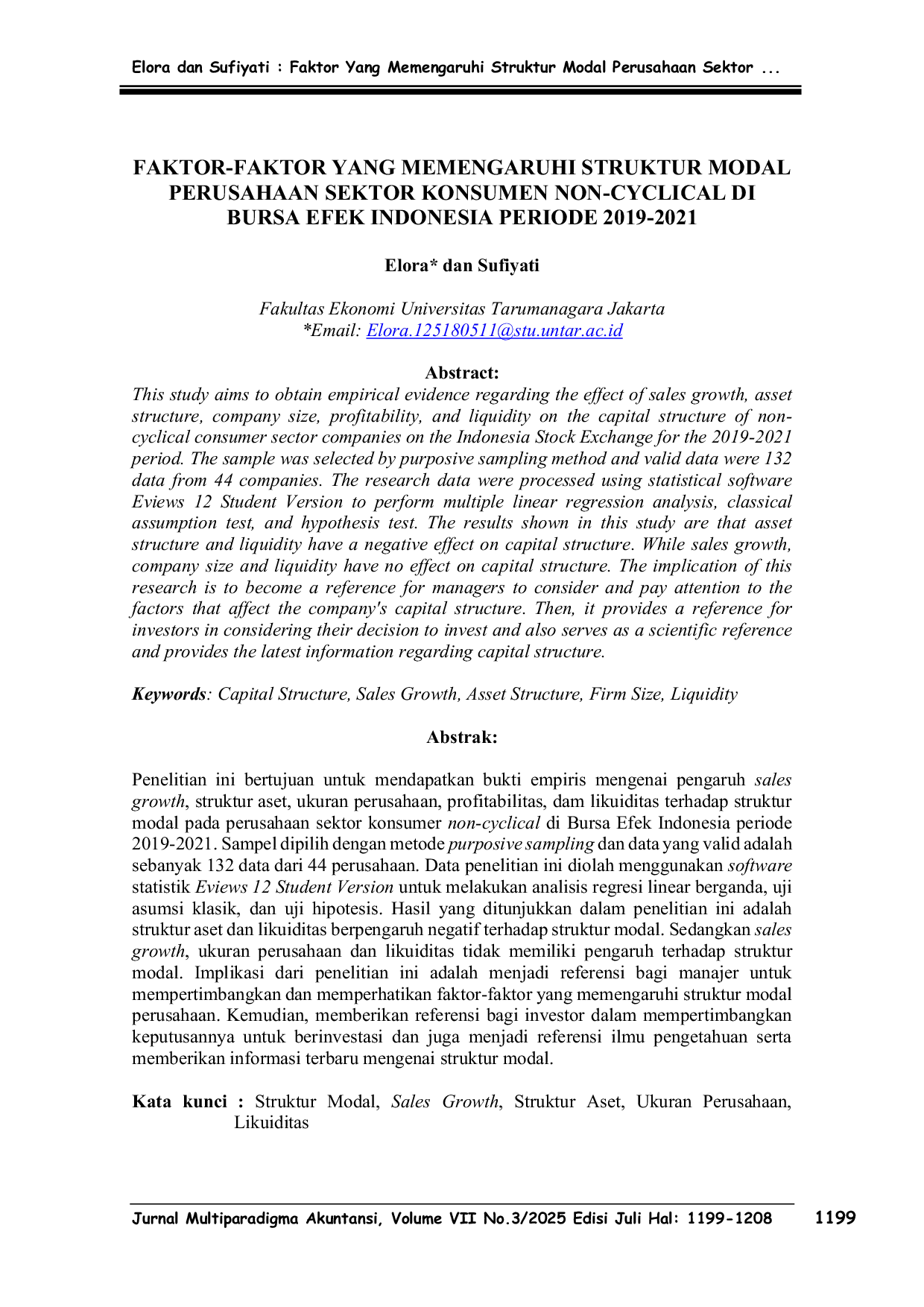 JURIS Faktor Faktor yang Memengaruhi Struktur Modal Perusahaan Sektor Konsumen Non Cyclical di Bursa Efek Indonesia Periode 2019 2021