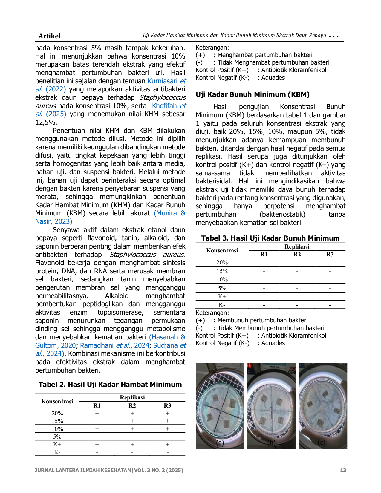 JURIS Uji Kadar Hambat Minimum dan Kadar Bunuh Minimum Ekstrak Daun Pepaya Carica papaya L Terhadap Bakteri Staphylococcus aureus