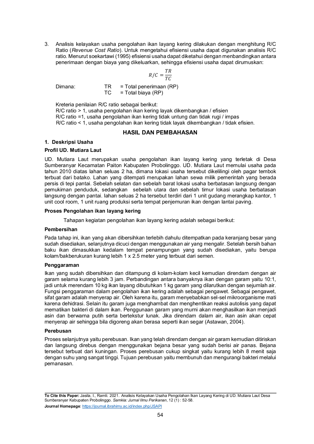JURIS Analisis Kelayakan Usaha Pengolahan Ikan Layang Kering di UD Mutiara Laut Desa Sumberanyar Kabupaten Probolinggo