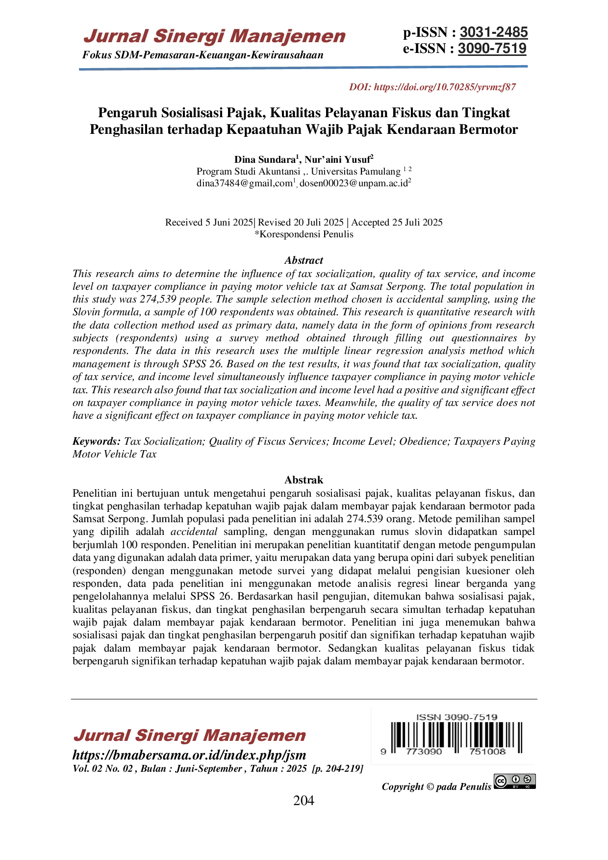 JURIS Pengaruh Sosialisasi Pajak Kualitas Pelayanan Fiskus dan Tingkat Penghasilan terhadap Kepatuhan Wajib Pajak Kendaraan Bermotor