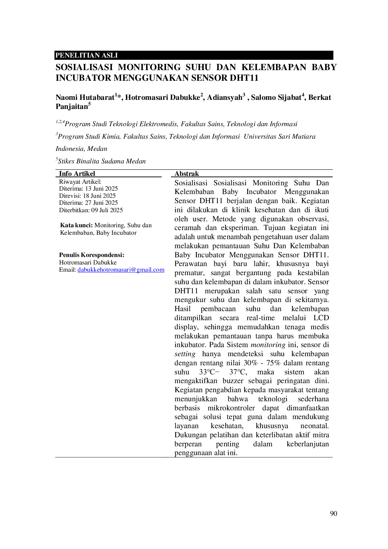 JURIS Sosialisasi Monitoring Suhu Dan Kelembaban Baby Incubator Menggunakan Sensor Dht11