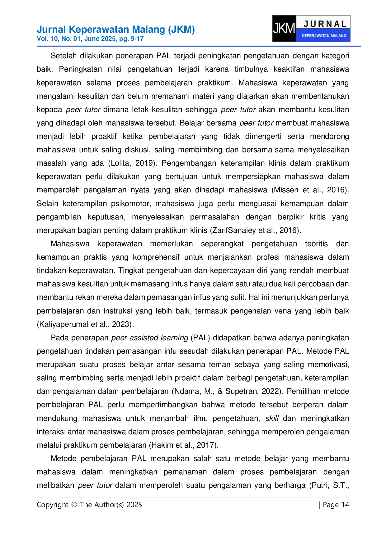 JURIS Efektivitas Metode Pembelajaran Peer Assisted Learning PAL Terhadap Pengetahuan Tindakan Pemasangan Infus