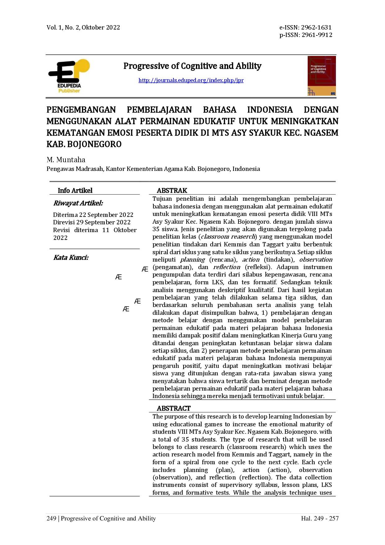 juris Pengembangan Pembelajaran Bahasa Indonesia dengan Menggunakan Alat Permainan Edukatif untuk Meningkatkan Kematangan Emosi Peserta Didik di MTS Asy Syakur Kec Ngasem Kab Bojonegoro