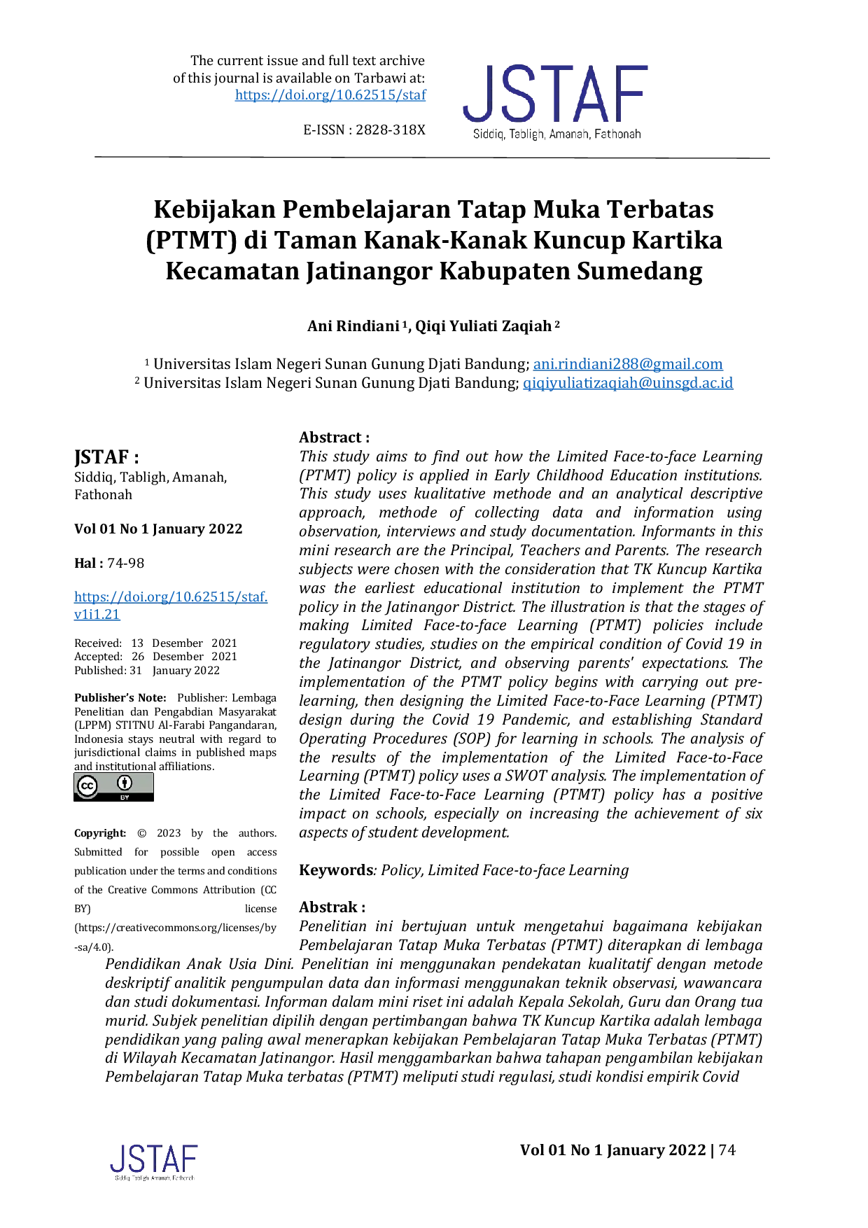 JURIS Kebijakan Pembelajaran Tatap Muka Terbatas PTMT di Taman Kanak Kanak Kuncup Kartika Kecamatan Jatinangor Kabupaten Sumedang