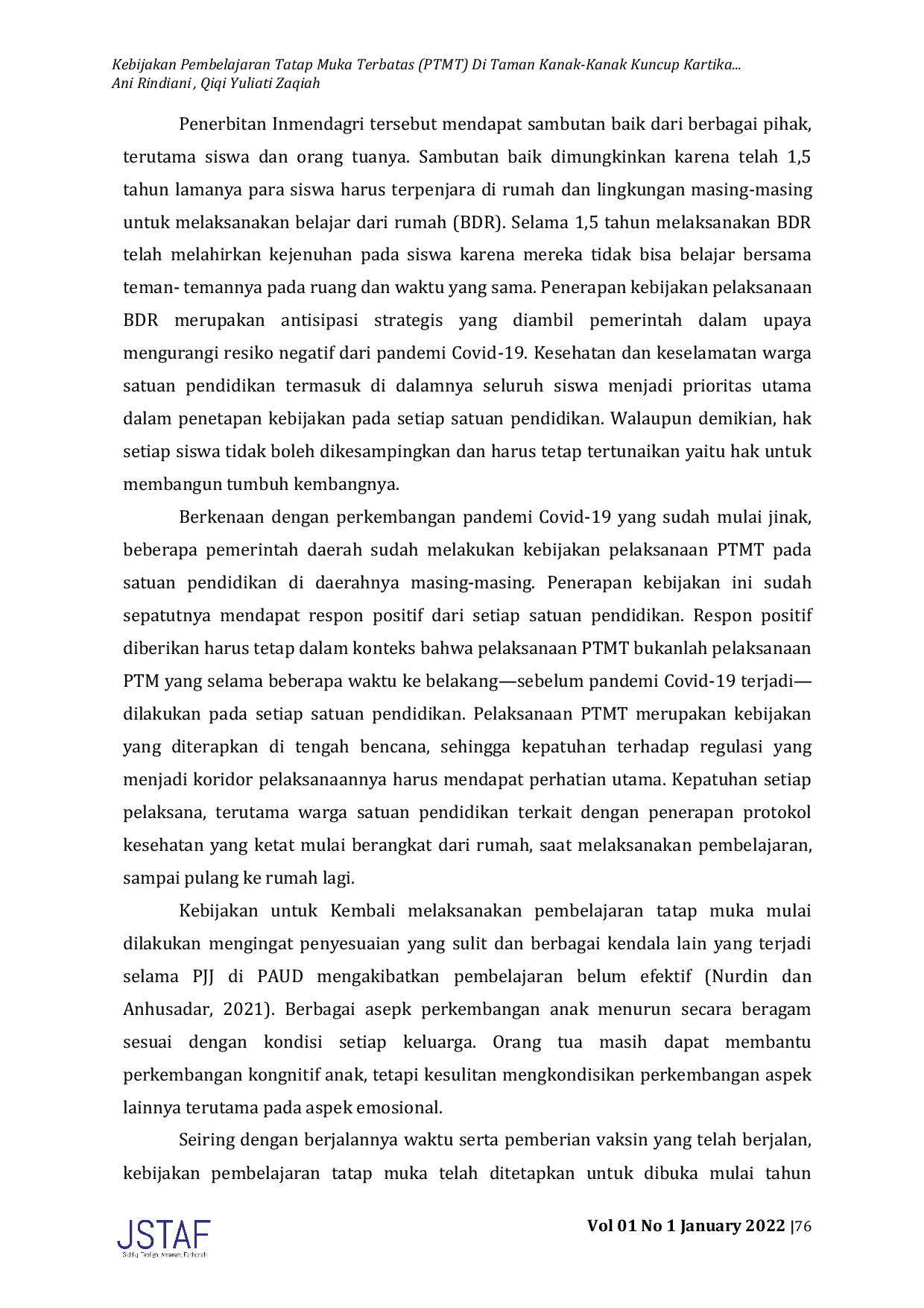 JURIS Kebijakan Pembelajaran Tatap Muka Terbatas PTMT di Taman Kanak Kanak Kuncup Kartika Kecamatan Jatinangor Kabupaten Sumedang