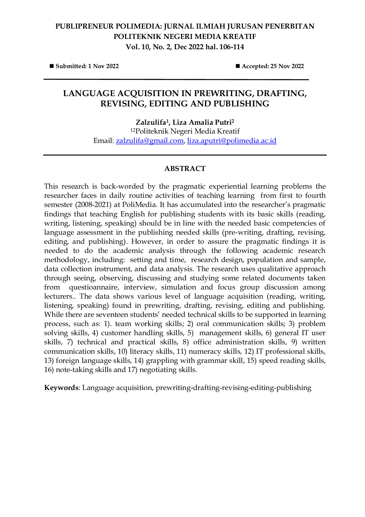 JURIS Language Acquisition in Prewriting Drafting Revising Editing and Publishing