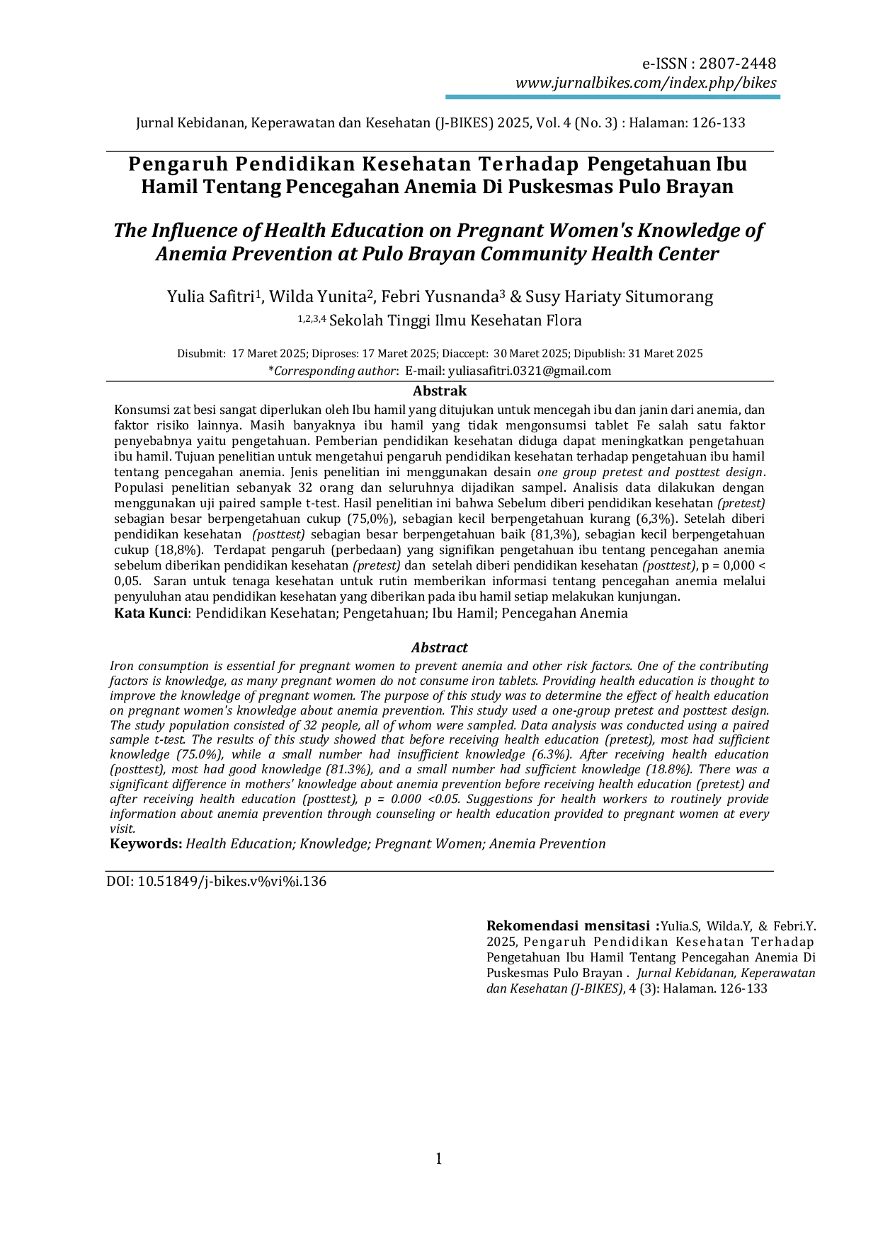 JURIS Pengaruh Pendidikan Kesehatan Terhadap Pengetahuan Ibu Hamil Tentang Pencegahan Anemia Di Puskesmas Pulo Brayan